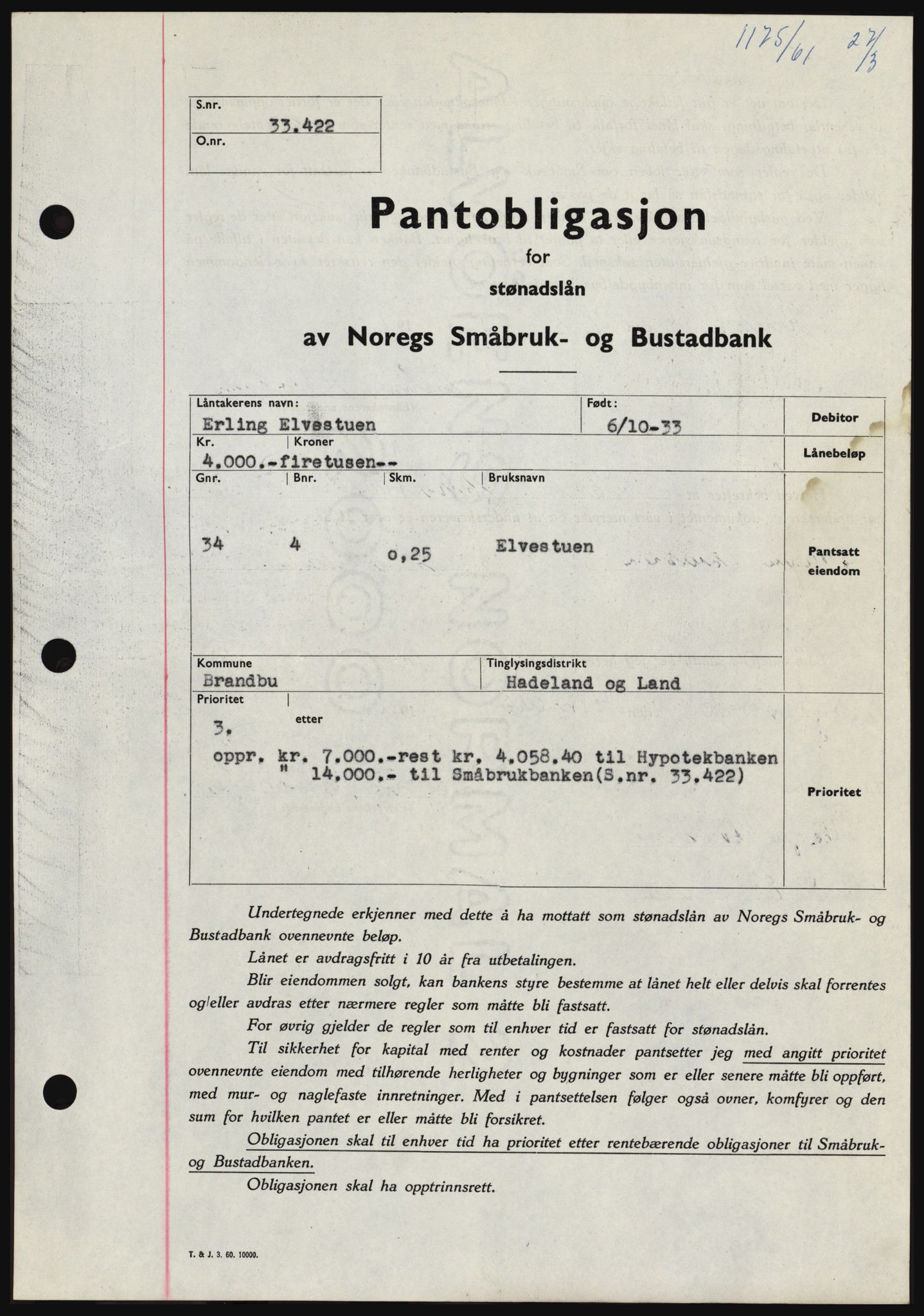 Hadeland og Land tingrett, SAH/TING-010/H/Hb/Hbc/L0045: Pantebok nr. B45, 1961-1961, Dagboknr: 1175/1961