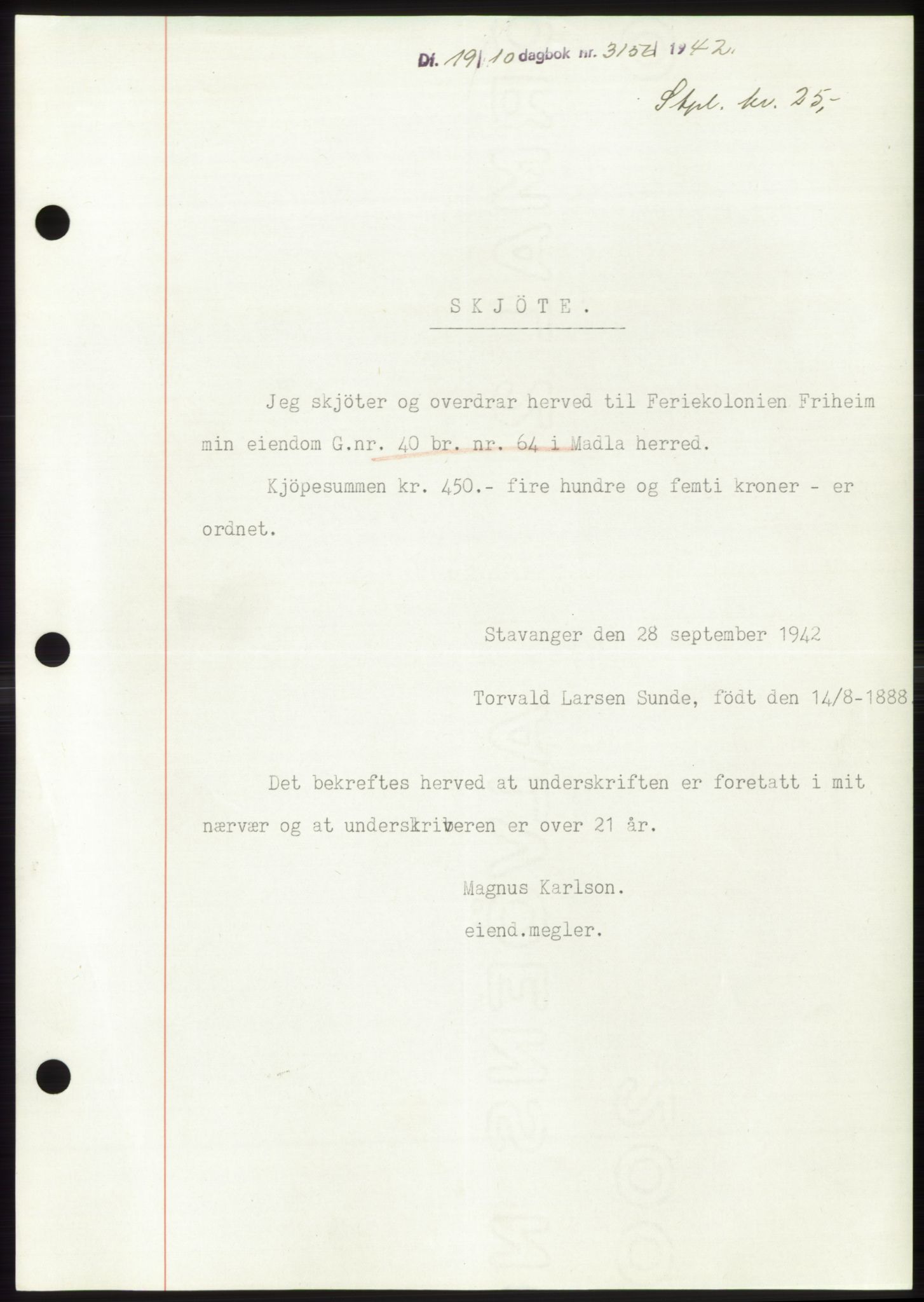 Jæren sorenskriveri, SAST/A-100310/03/G/Gba/L0083: Pantebok, 1942-1942, Dagboknr: 3156/1942