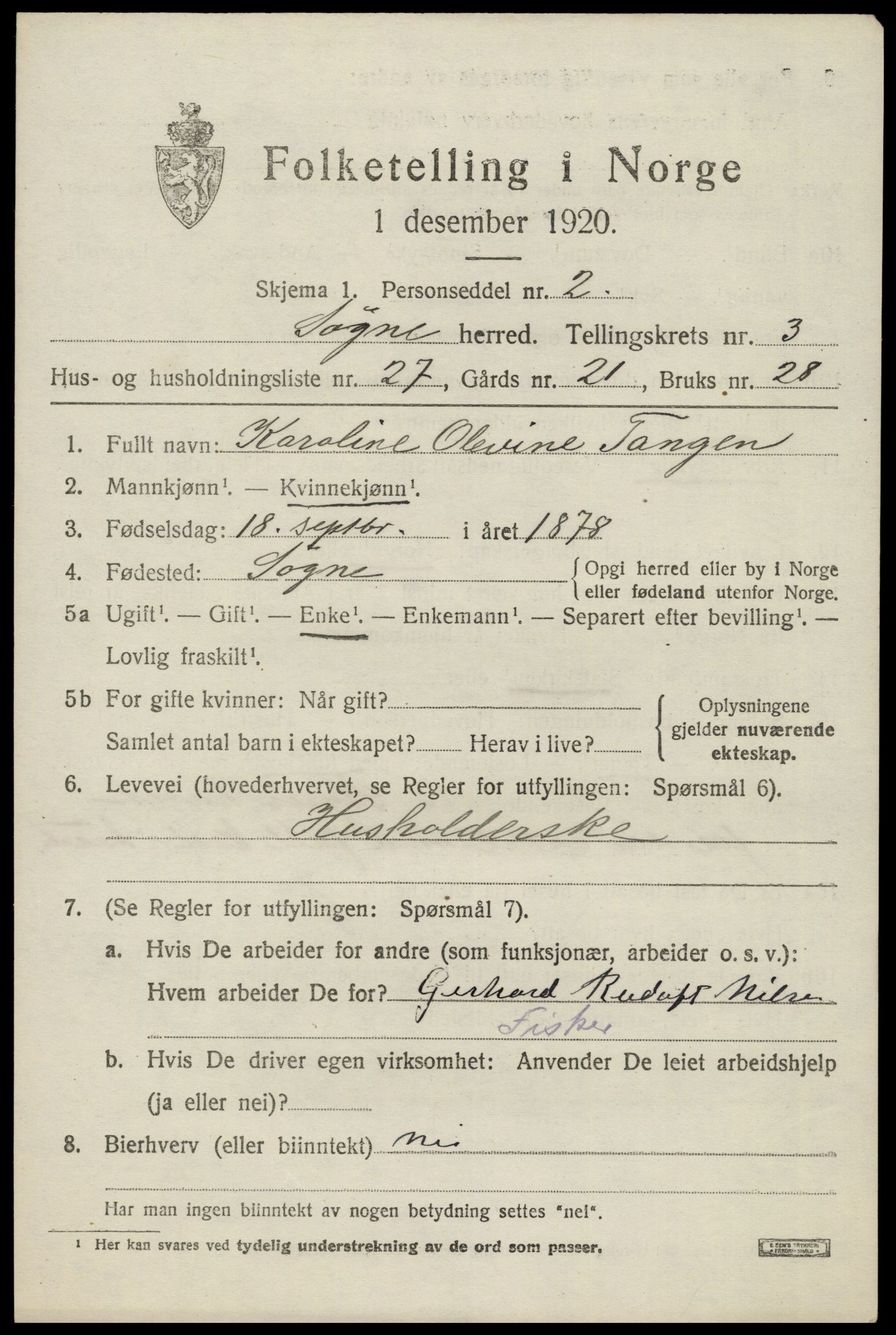 SAK, Folketelling 1920 for 1018 Søgne herred, 1920, s. 1867