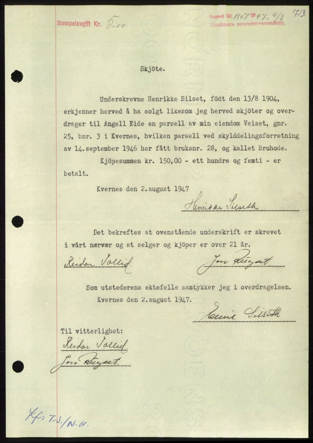 Nordmøre sorenskriveri, AV/SAT-A-4132/1/2/2Ca: Pantebok nr. A105, 1947-1947, Dagboknr: 1807/1947