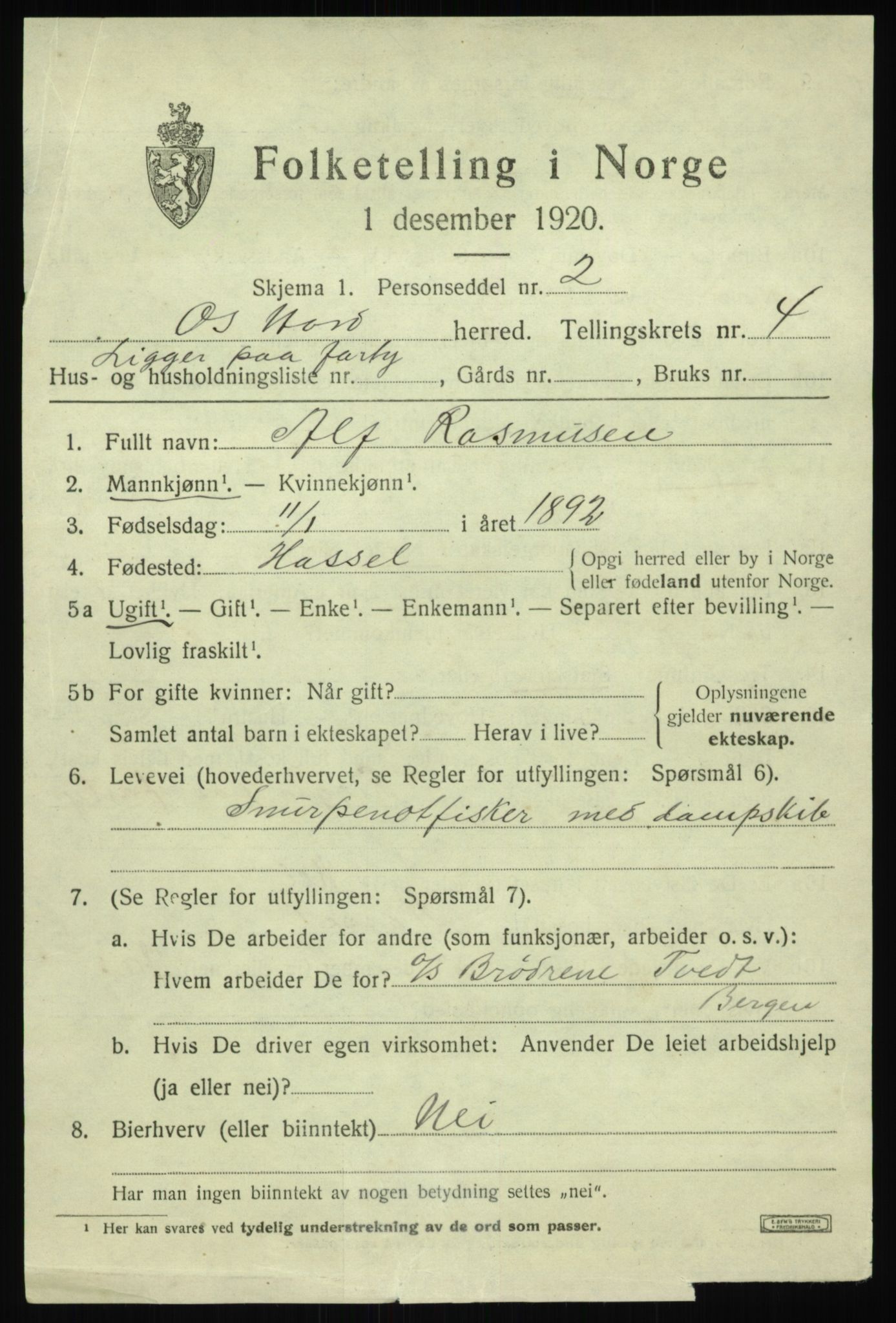 SAB, Folketelling 1920 for 1243 Os herred, 1920, s. 3668