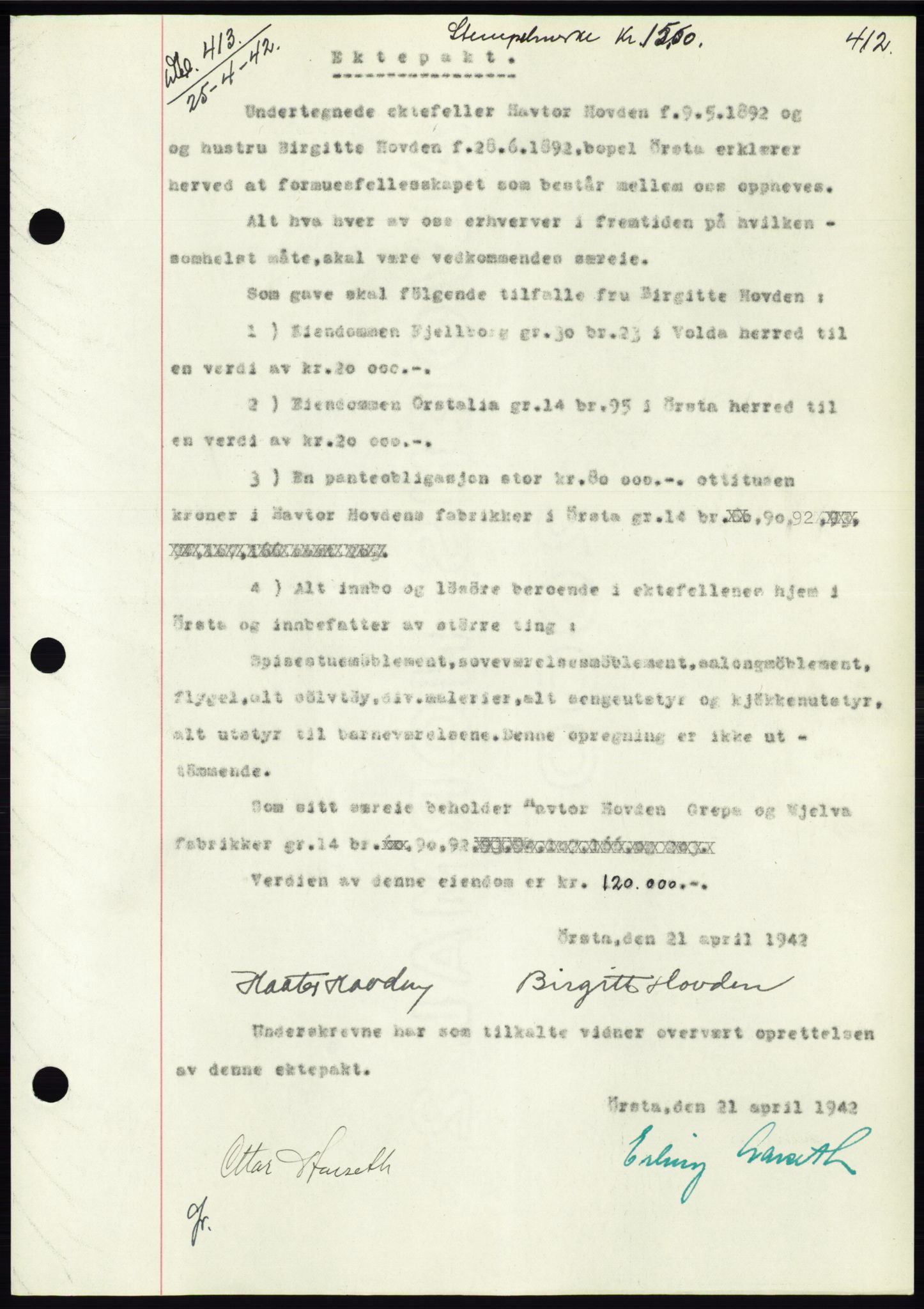 Søre Sunnmøre sorenskriveri, SAT/A-4122/1/2/2C/L0073: Pantebok nr. 67, 1941-1942, Dagboknr: 413/1942