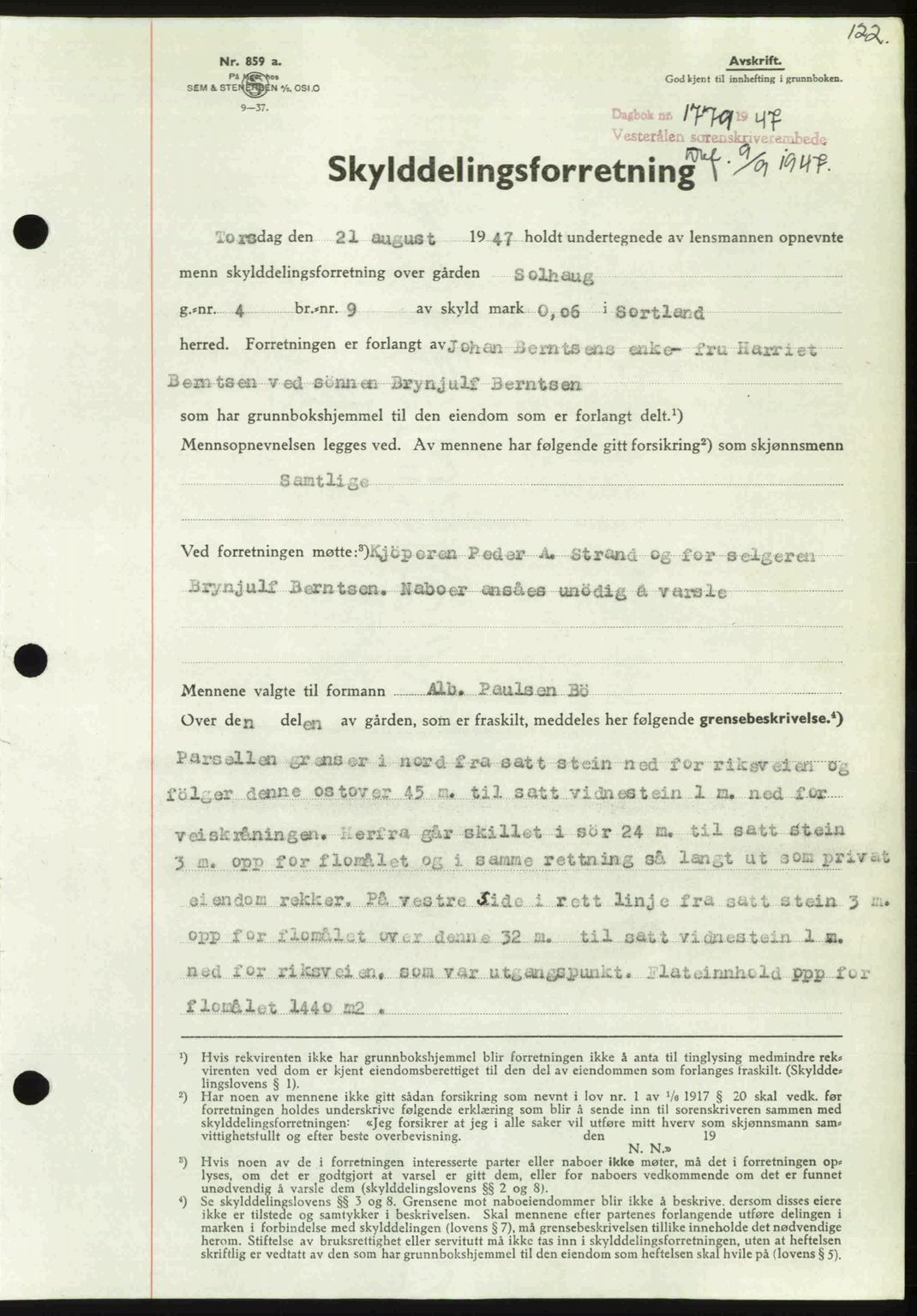 Vesterålen sorenskriveri, SAT/A-4180/1/2/2Ca: Pantebok nr. A21, 1947-1947, Dagboknr: 1779/1947