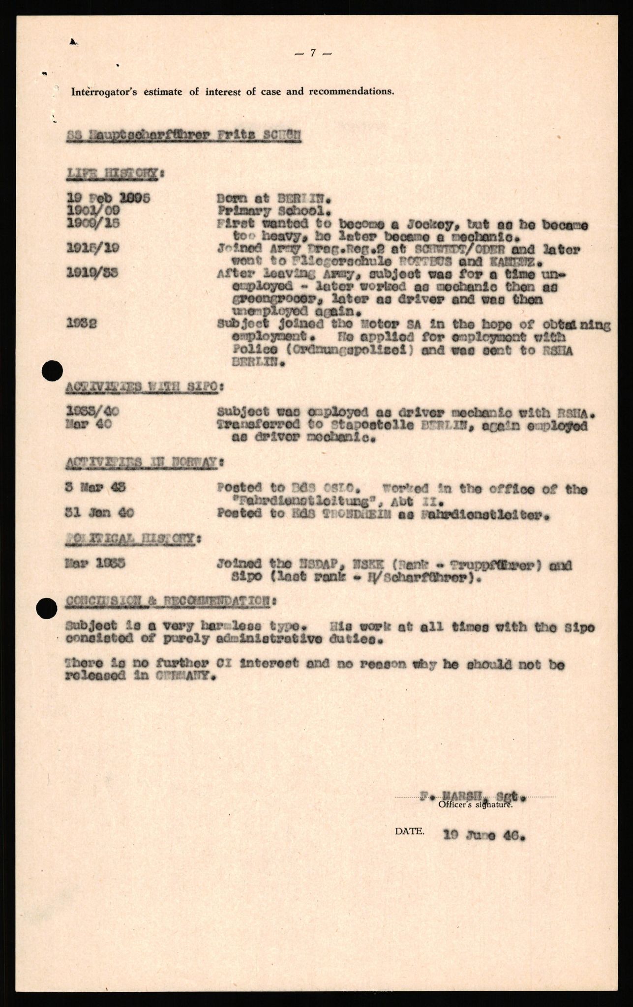 Forsvaret, Forsvarets overkommando II, RA/RAFA-3915/D/Db/L0031: CI Questionaires. Tyske okkupasjonsstyrker i Norge. Tyskere., 1945-1946, s. 363