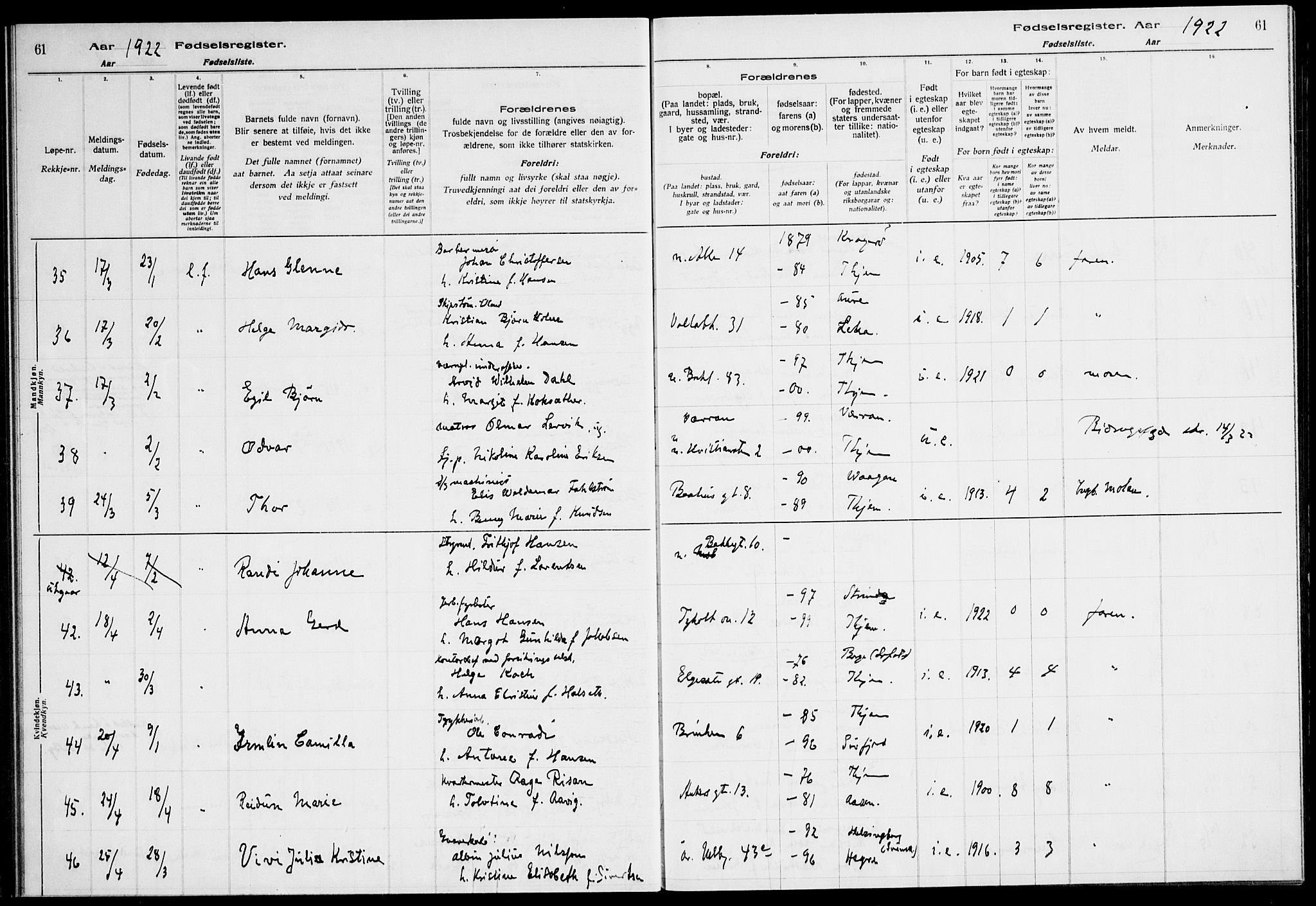 Ministerialprotokoller, klokkerbøker og fødselsregistre - Sør-Trøndelag, SAT/A-1456/604/L0233: Fødselsregister nr. 604.II.4.2, 1920-1928, s. 61
