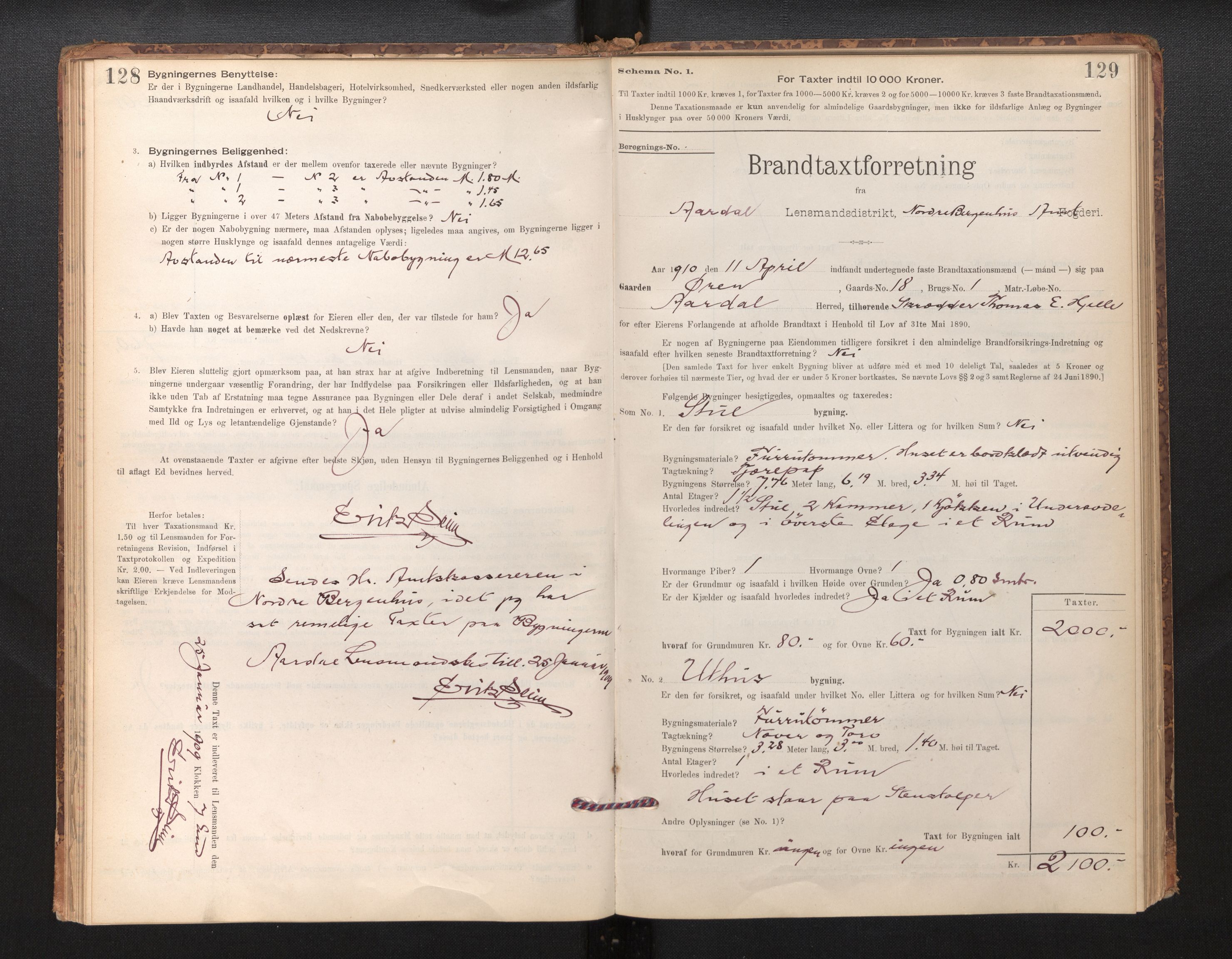 Lensmannen i Årdal, SAB/A-30501/0012/L0008: Branntakstprotokoll, skjematakst, 1895-1915, s. 128-129