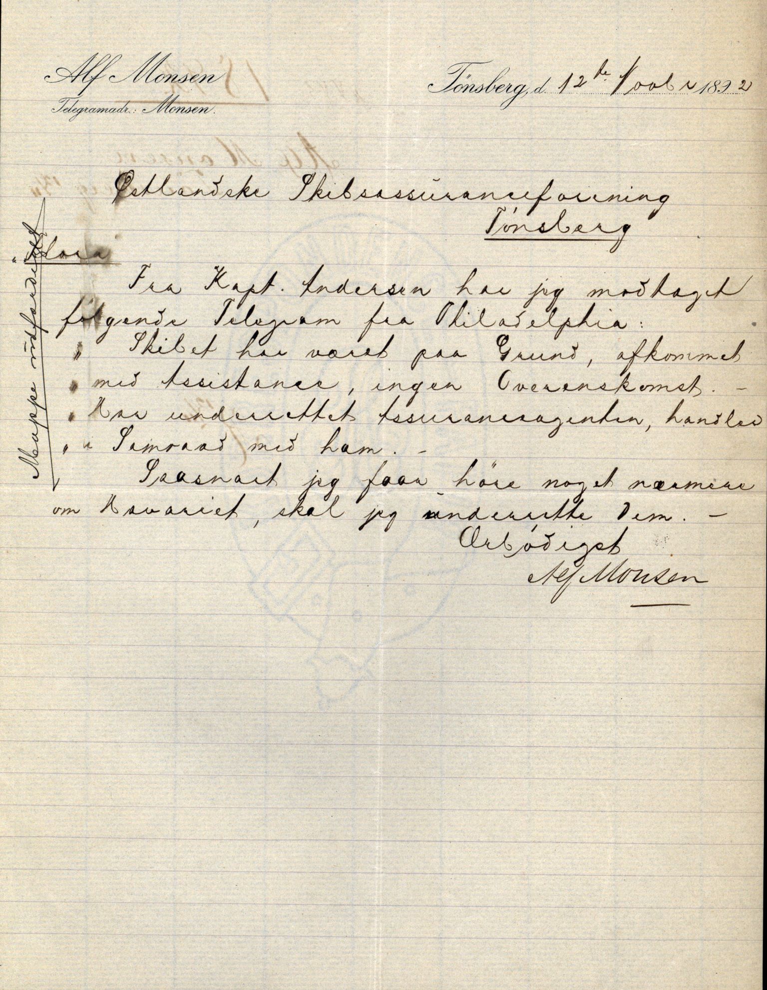 Pa 63 - Østlandske skibsassuranceforening, VEMU/A-1079/G/Ga/L0029/0007: Havaridokumenter / Diamant, Foldin, Aise, Florida, Flora, 1892, s. 135