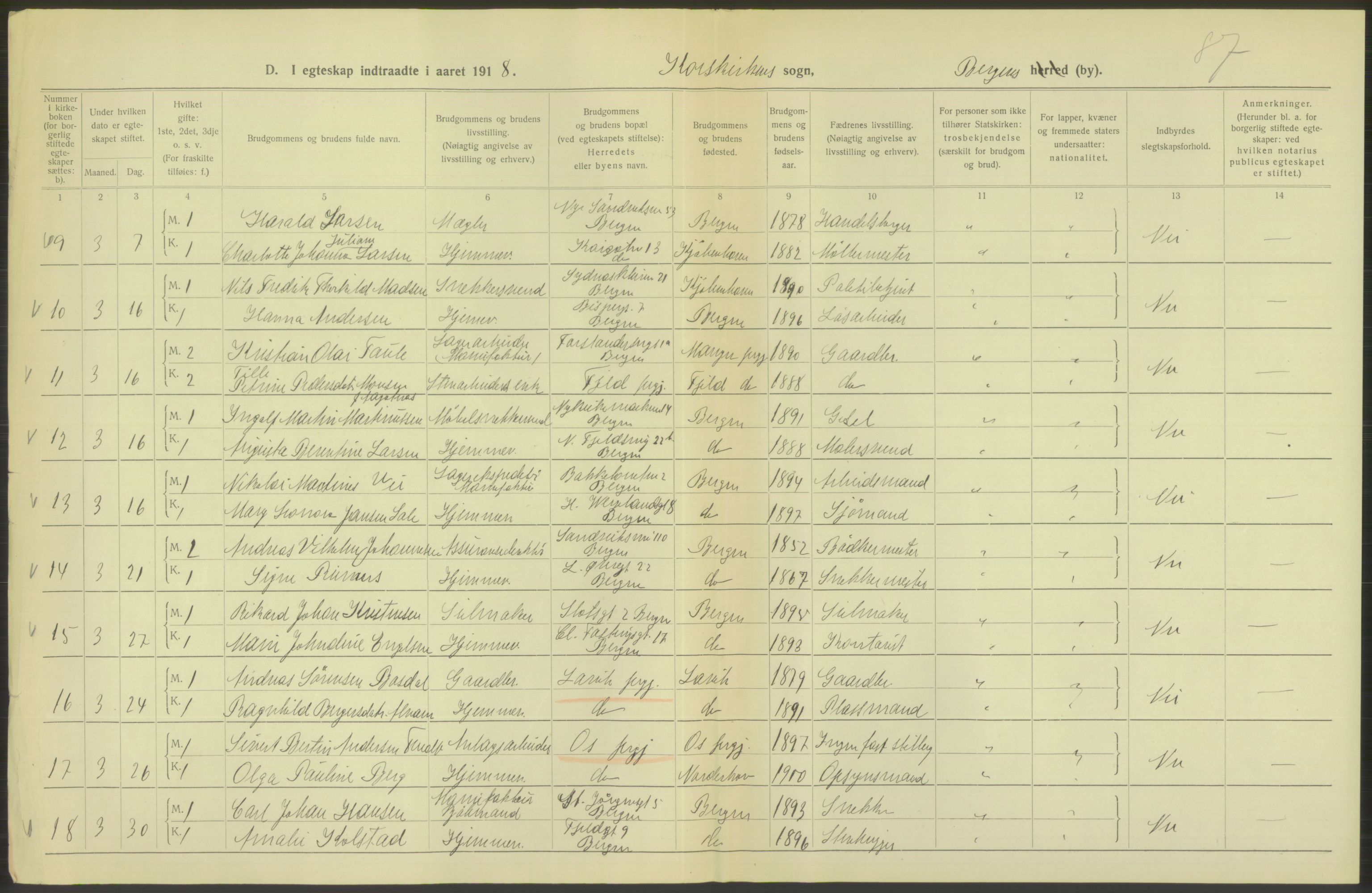 Statistisk sentralbyrå, Sosiodemografiske emner, Befolkning, AV/RA-S-2228/D/Df/Dfb/Dfbh/L0038: Bergen: Gifte, dødfødte., 1918, s. 242