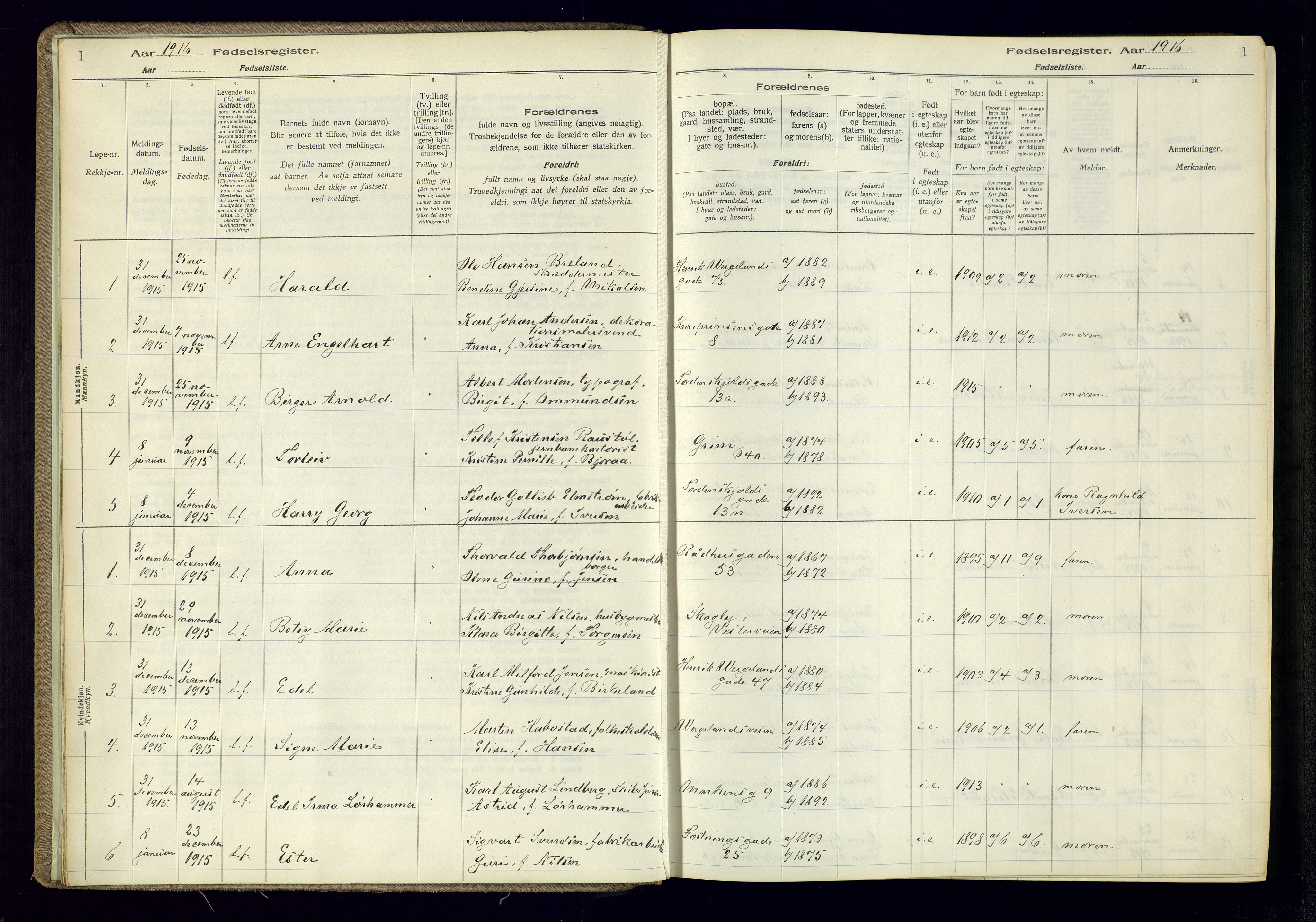 Kristiansand domprosti, SAK/1112-0006/J/Jc/L0001: Fødselsregister nr. A-VI-45, 1916-1921, s. 1