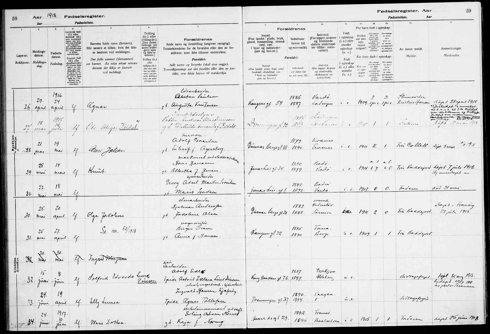 Ministerialprotokoller, klokkerbøker og fødselsregistre - Nordland, SAT/A-1459/871/L1013: Fødselsregister nr. 871.II.4.1, 1916-1924, s. 59