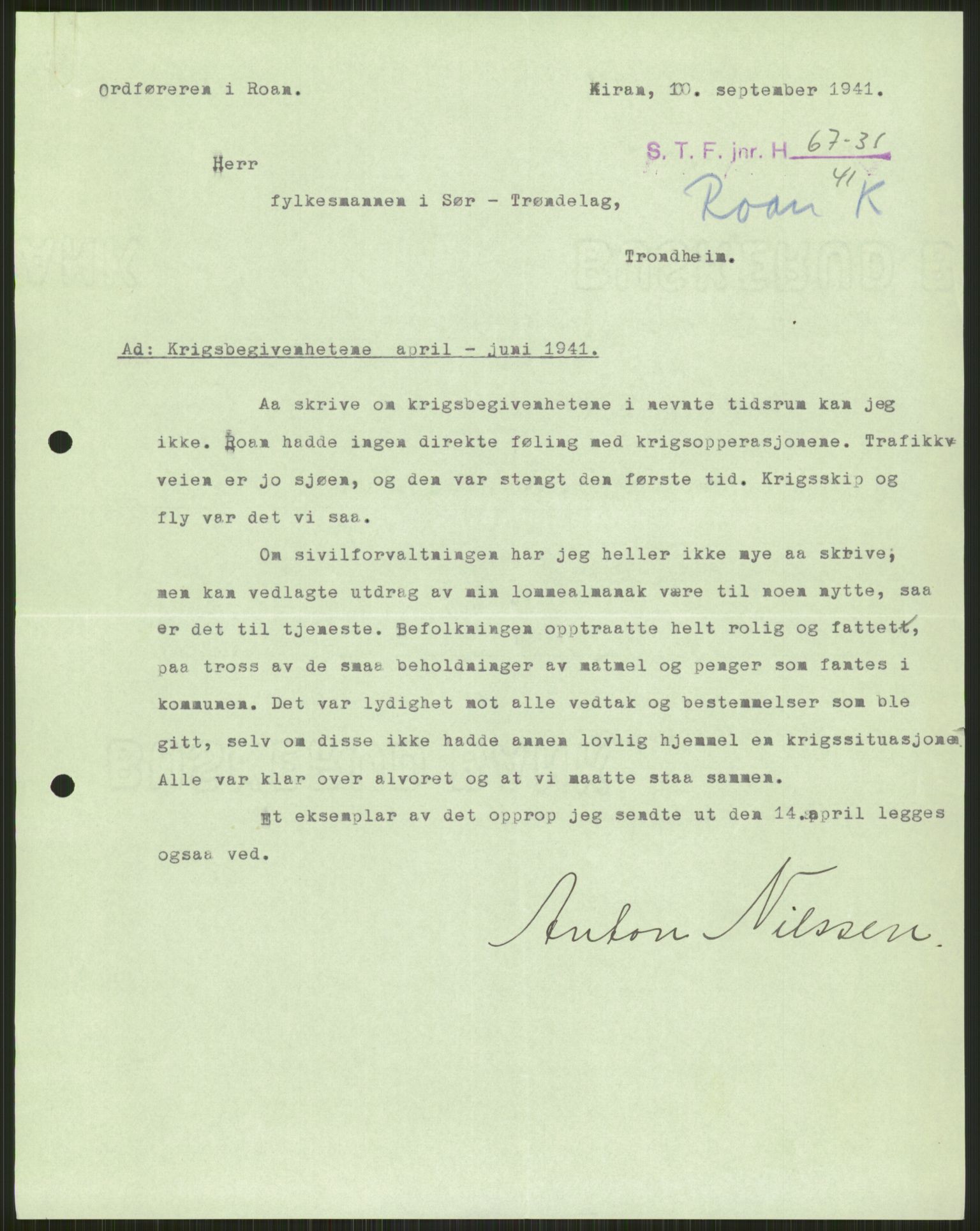 Forsvaret, Forsvarets krigshistoriske avdeling, AV/RA-RAFA-2017/Y/Ya/L0016: II-C-11-31 - Fylkesmenn.  Rapporter om krigsbegivenhetene 1940., 1940, s. 11