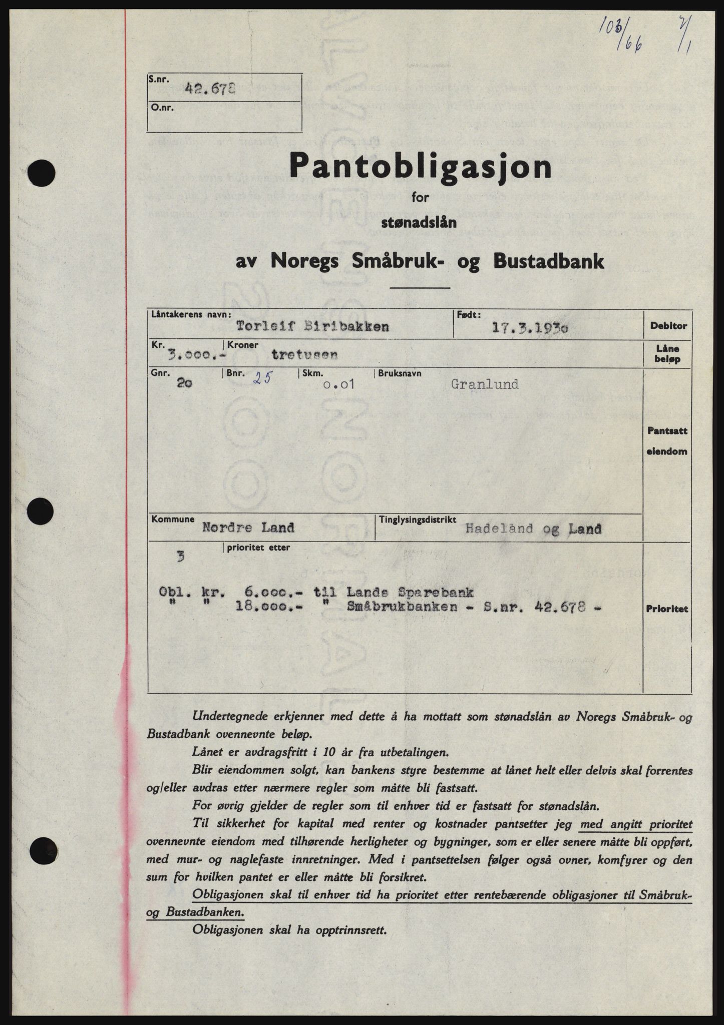 Hadeland og Land tingrett, SAH/TING-010/H/Hb/Hbc/L0061: Pantebok nr. B61, 1965-1966, Dagboknr: 103/1966