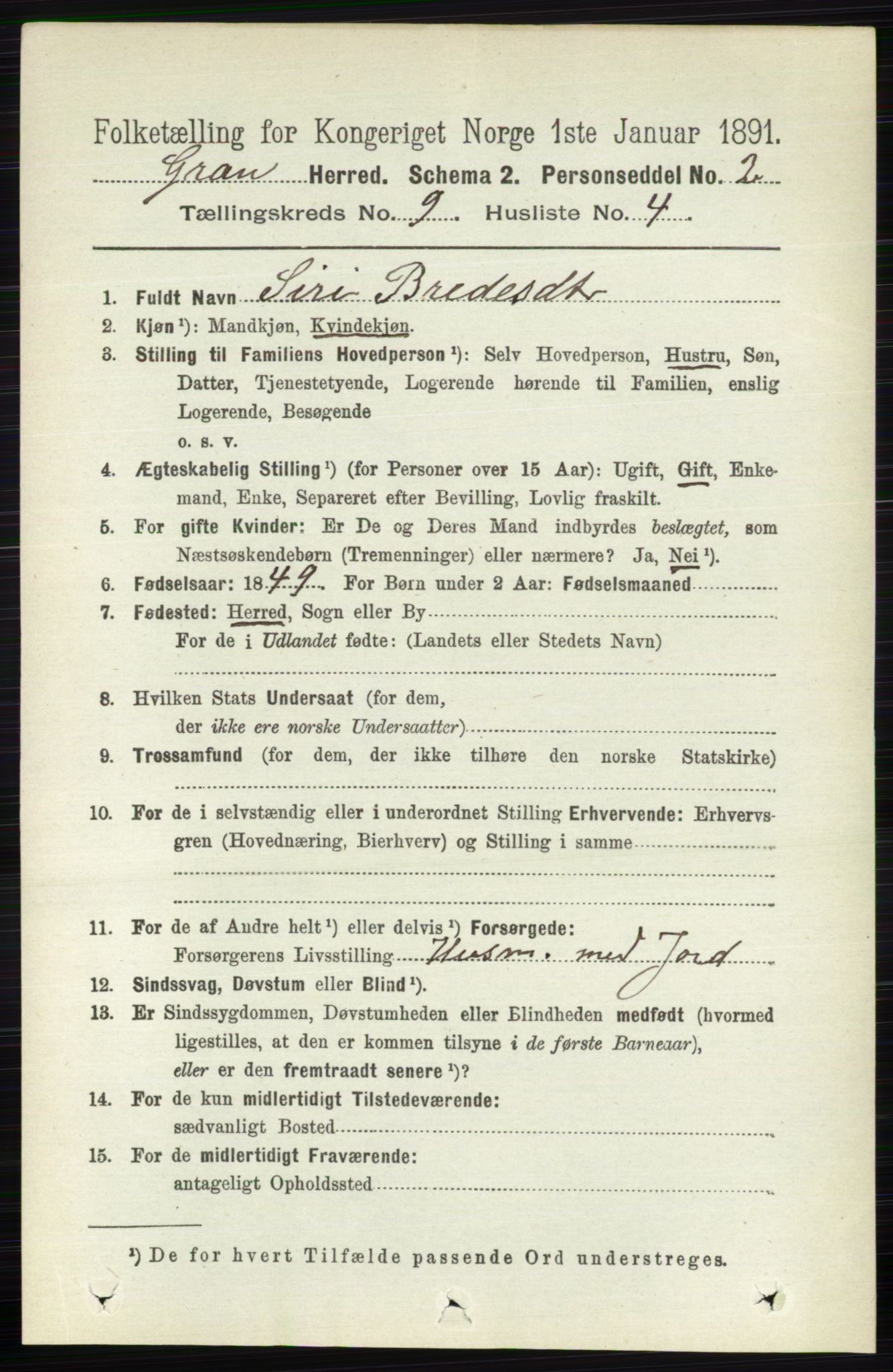 RA, Folketelling 1891 for 0534 Gran herred, 1891, s. 4152