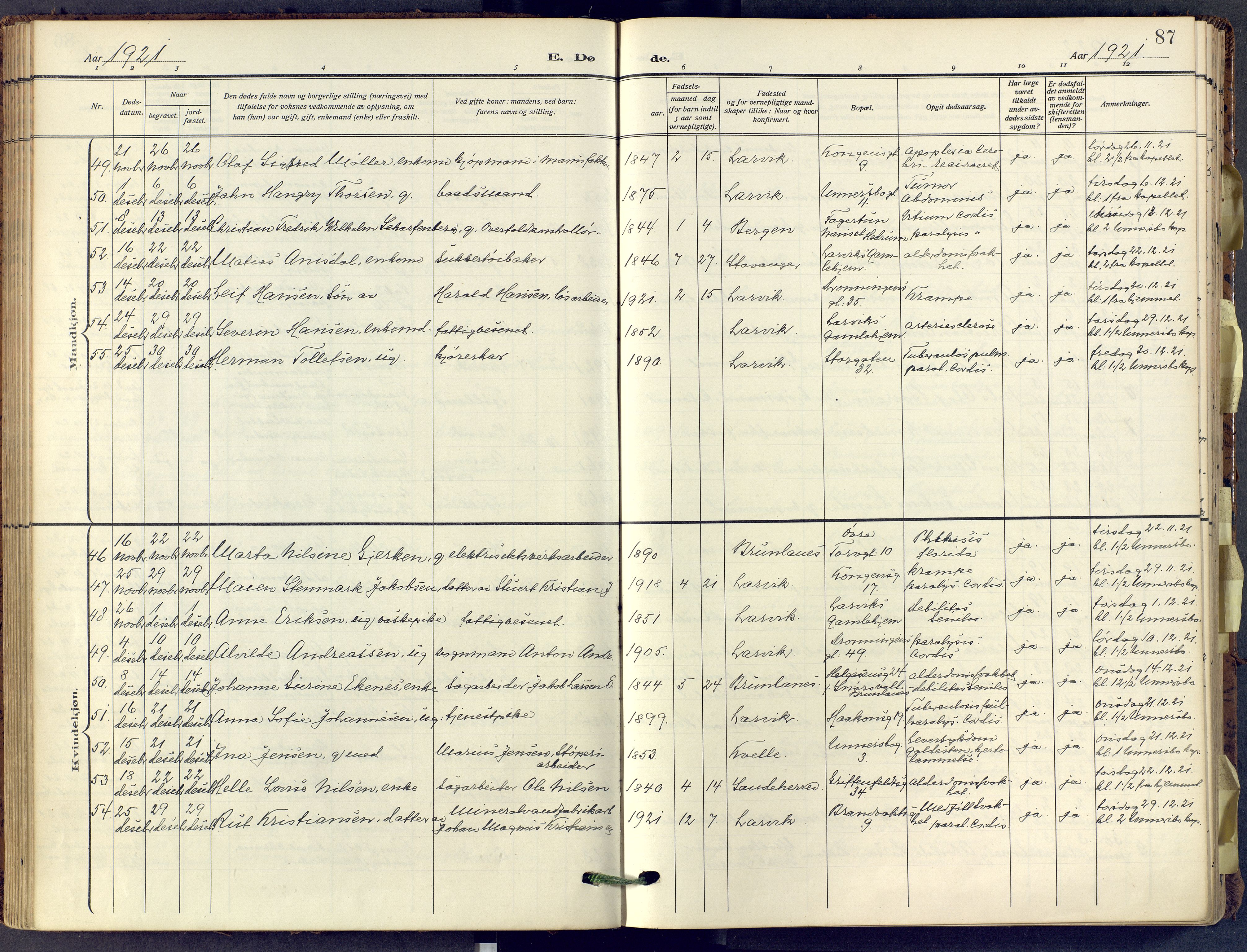 Larvik kirkebøker, AV/SAKO-A-352/F/Fa/L0013: Ministerialbok nr. I 13, 1910-1960, s. 87