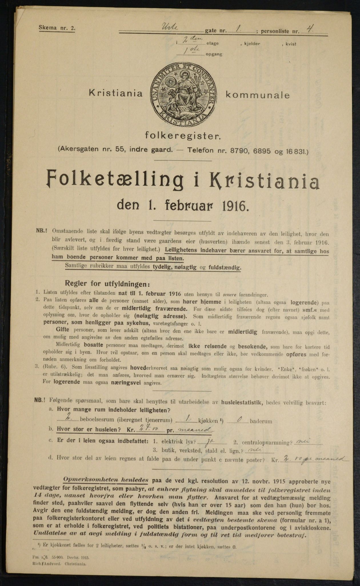 OBA, Kommunal folketelling 1.2.1916 for Kristiania, 1916, s. 124291