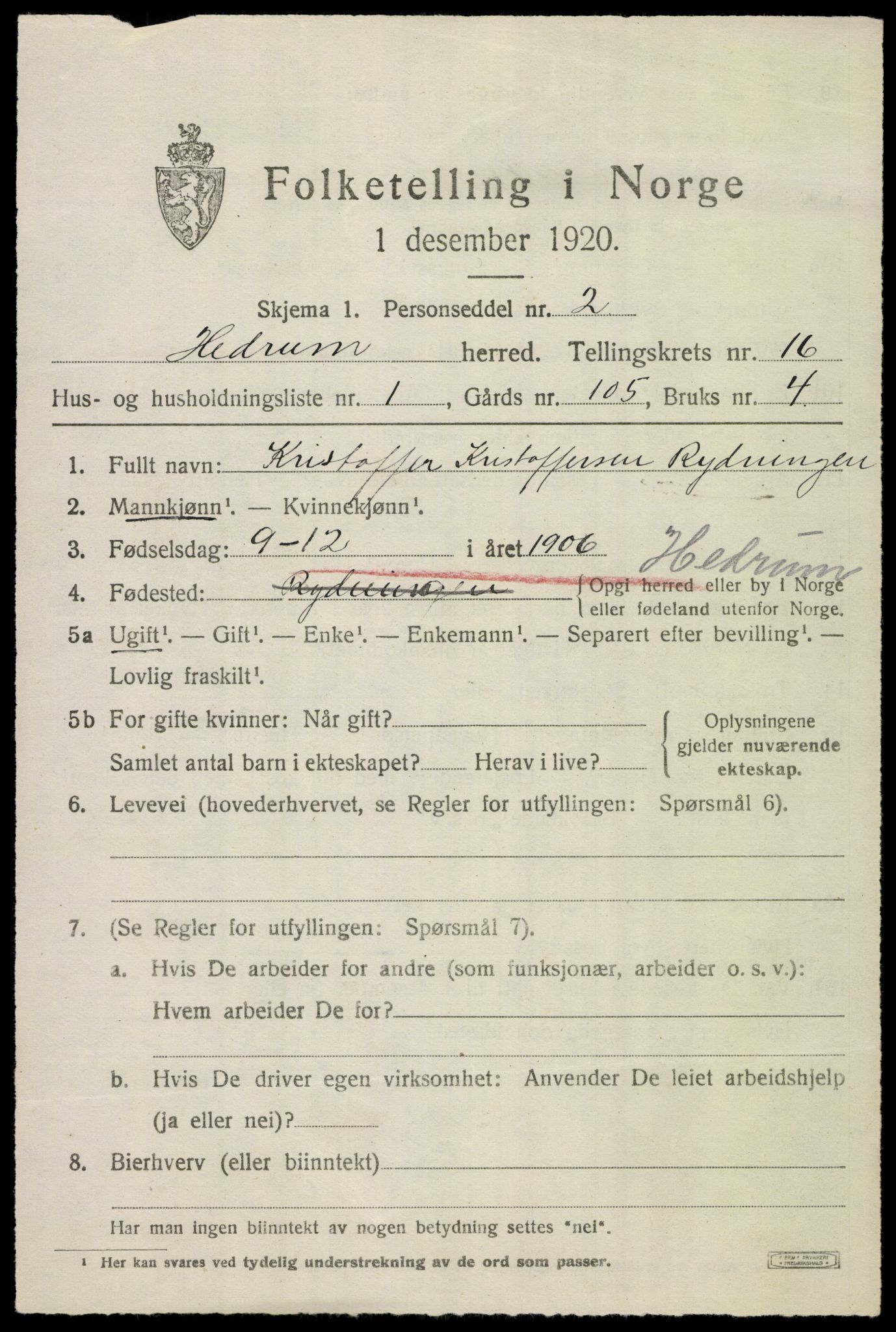 SAKO, Folketelling 1920 for 0727 Hedrum herred, 1920, s. 10267