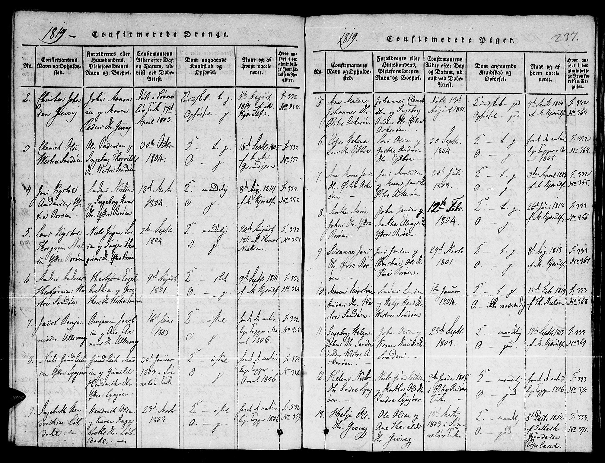 Dypvåg sokneprestkontor, SAK/1111-0007/F/Fb/Fba/L0009: Klokkerbok nr. B 9, 1816-1842, s. 237