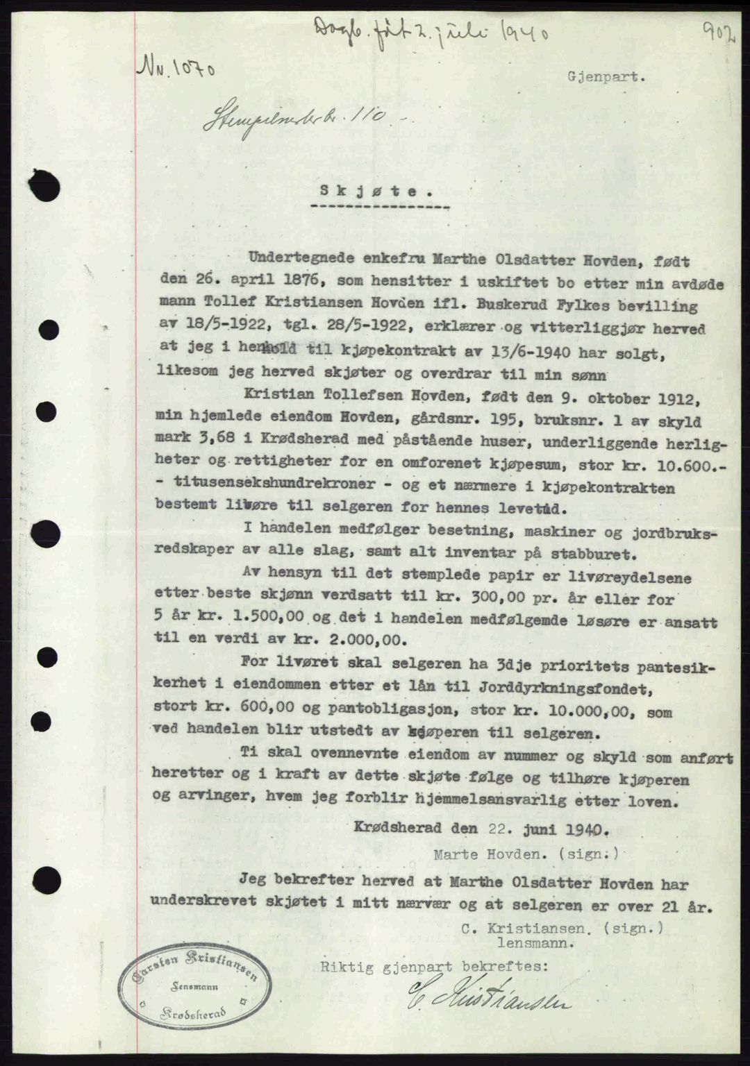Eiker, Modum og Sigdal sorenskriveri, SAKO/A-123/G/Ga/Gab/L0041: Pantebok nr. A11, 1939-1940, Dagboknr: 1070/1940