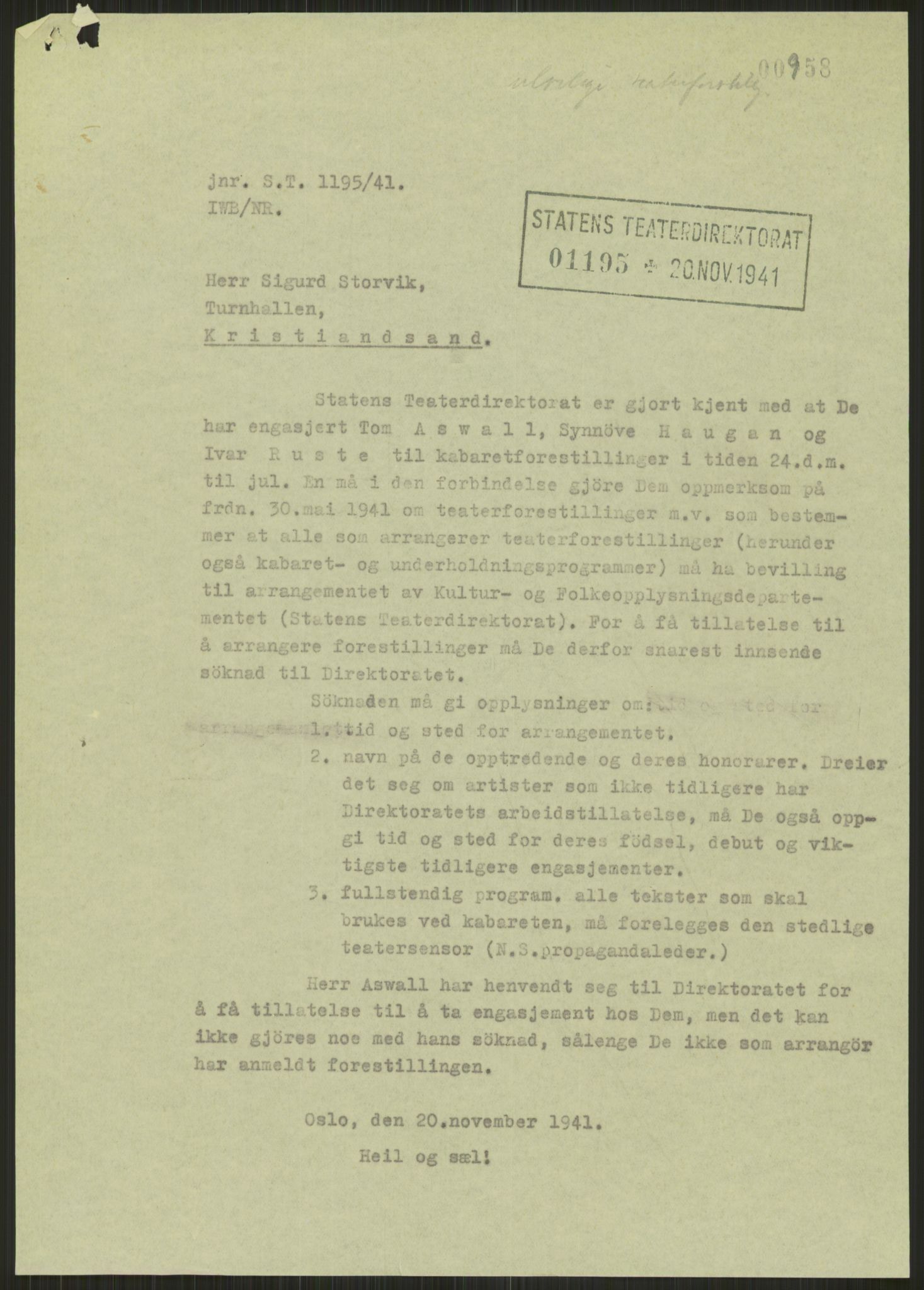 Kultur- og folkeopplysningsdepartementet. Kulturavdelingen. Statens teaterdirektorat, RA/S-6129/D/Da/L0015/0002: -- / Ulovlige forestillinger, 1941, s. 3