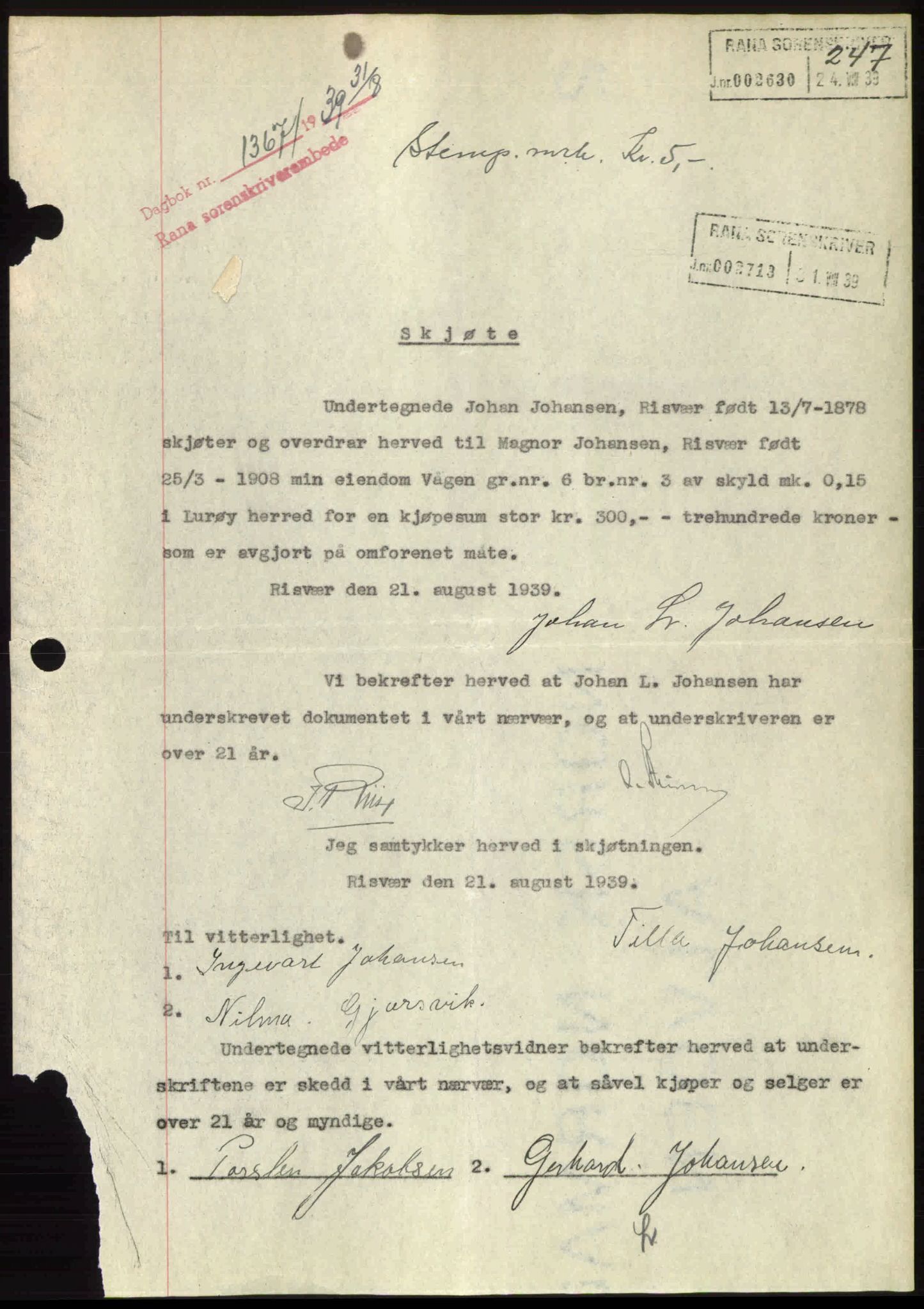 Rana sorenskriveri , SAT/A-1108/1/2/2C: Pantebok nr. A 6, 1939-1940, Dagboknr: 1367/1939