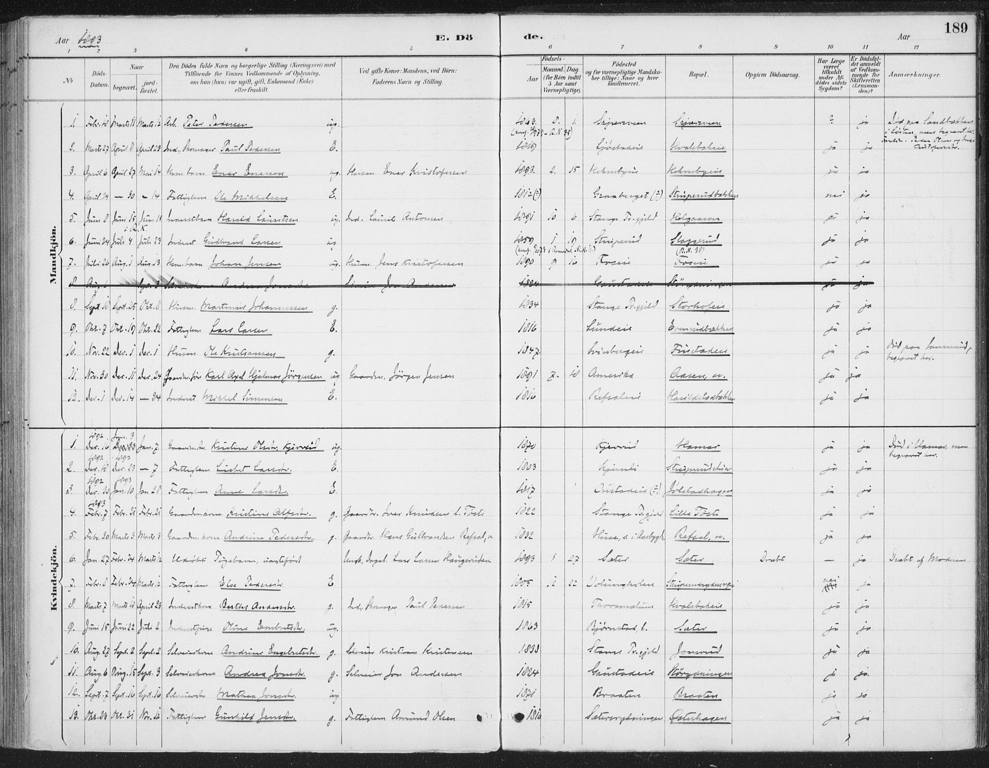 Romedal prestekontor, AV/SAH-PREST-004/K/L0008: Ministerialbok nr. 8, 1887-1905, s. 189
