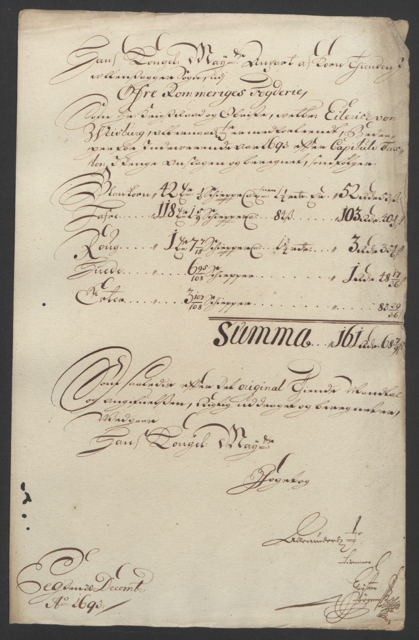 Rentekammeret inntil 1814, Reviderte regnskaper, Fogderegnskap, RA/EA-4092/R12/L0705: Fogderegnskap Øvre Romerike, 1693, s. 70