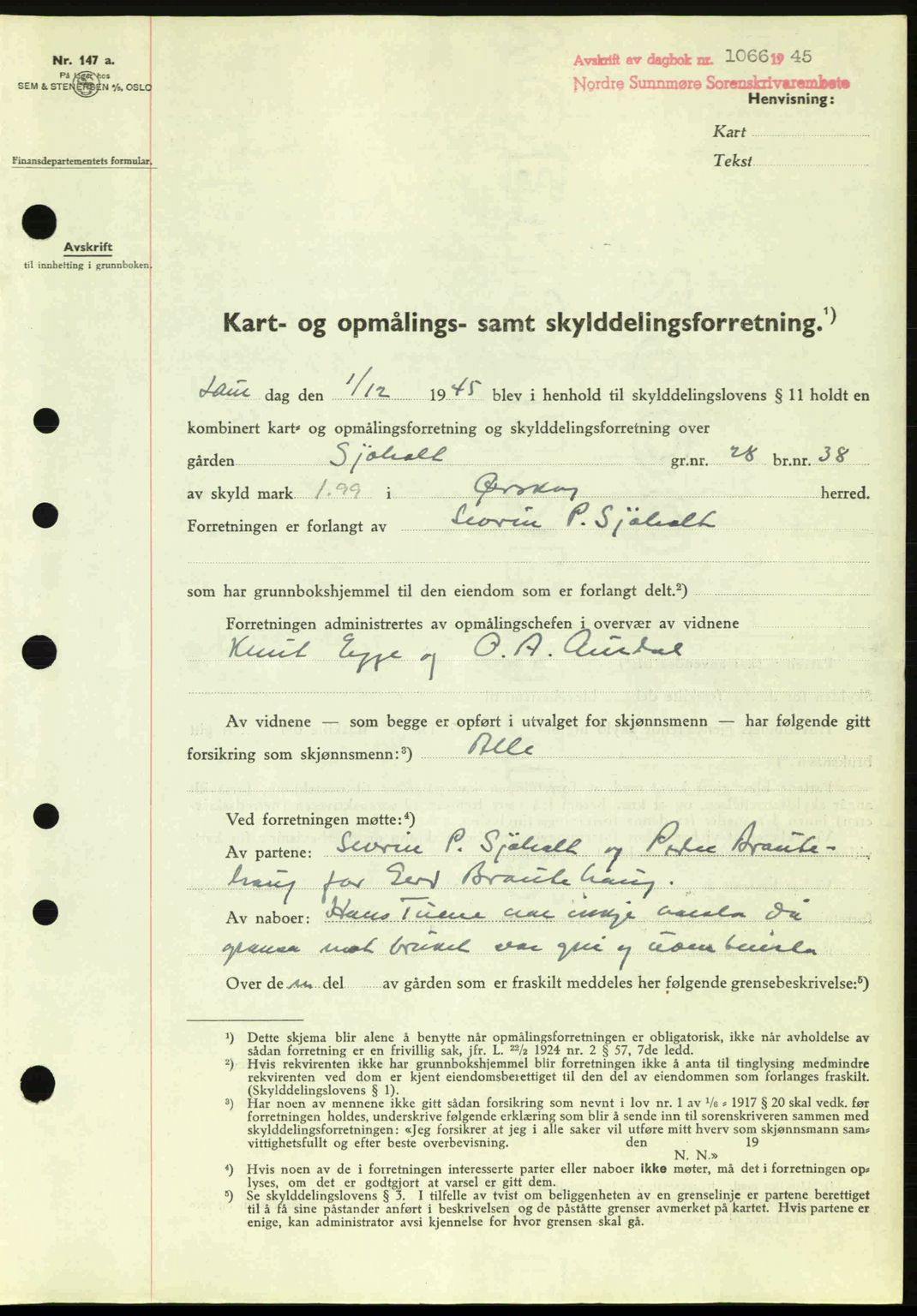 Nordre Sunnmøre sorenskriveri, SAT/A-0006/1/2/2C/2Ca: Pantebok nr. A20a, 1945-1945, Dagboknr: 1066/1945