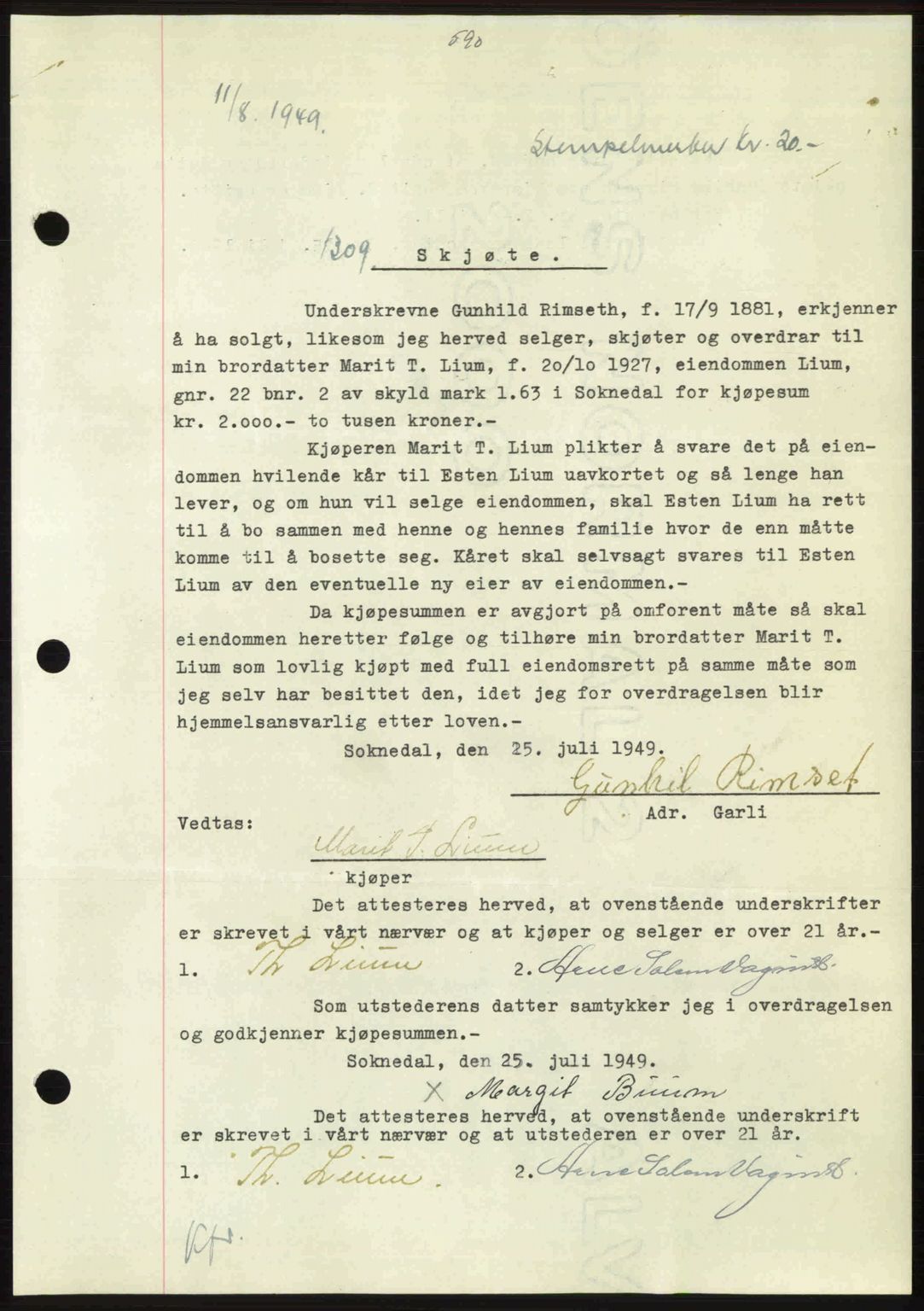 Gauldal sorenskriveri, SAT/A-0014/1/2/2C: Pantebok nr. A8, 1949-1949, Dagboknr: 1309/1949