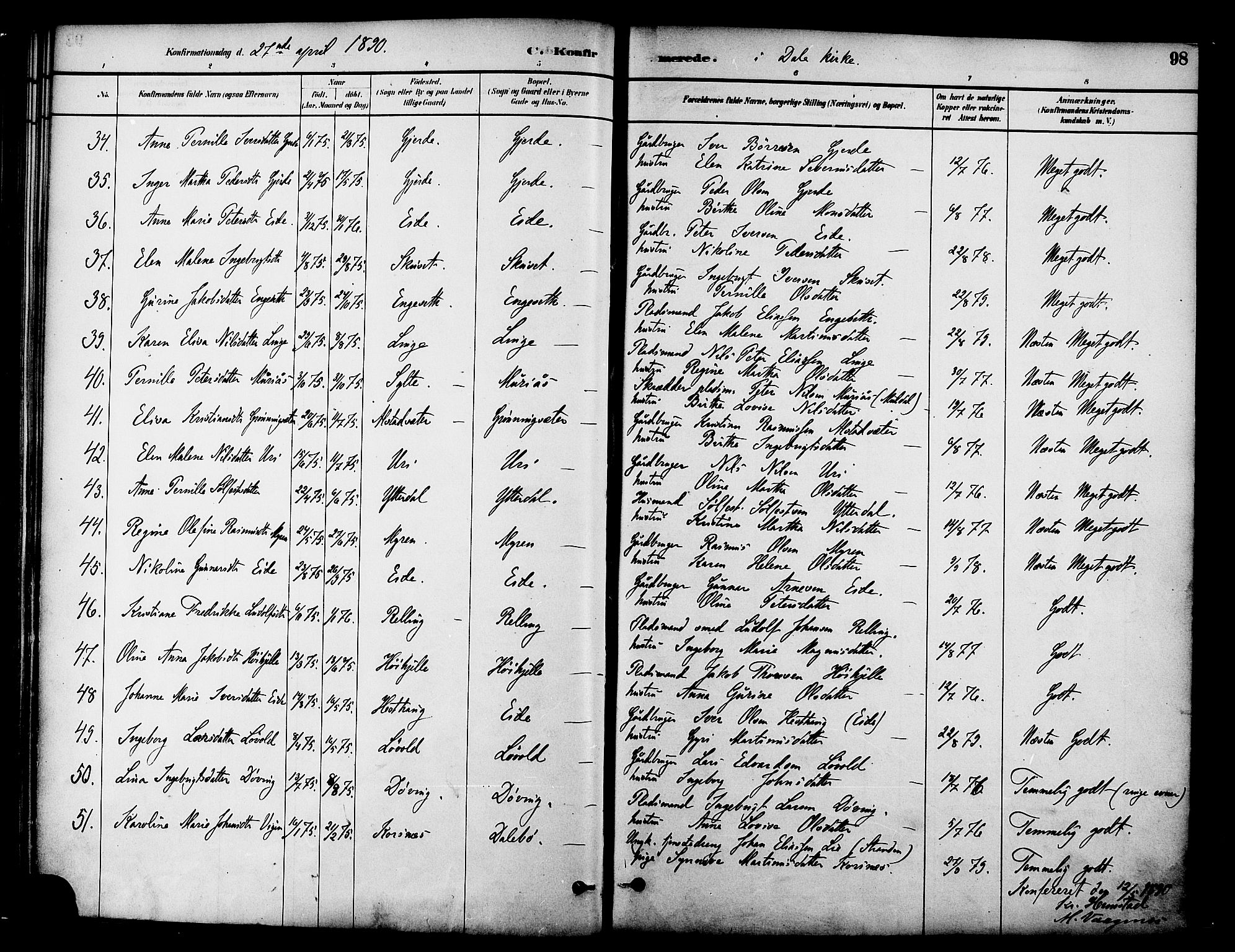 Ministerialprotokoller, klokkerbøker og fødselsregistre - Møre og Romsdal, AV/SAT-A-1454/519/L0255: Ministerialbok nr. 519A14, 1884-1908, s. 98