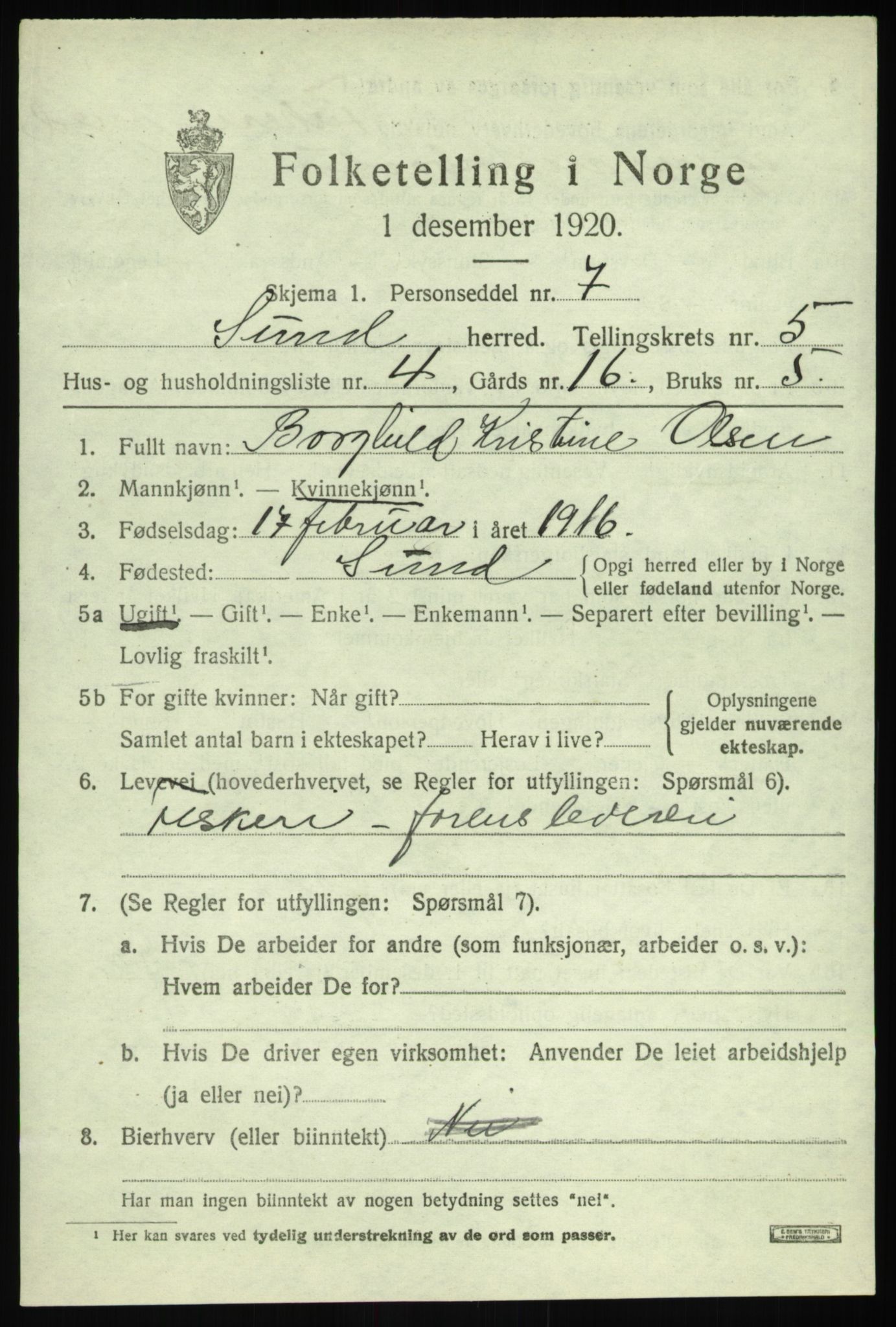 SAB, Folketelling 1920 for 1245 Sund herred, 1920, s. 3133