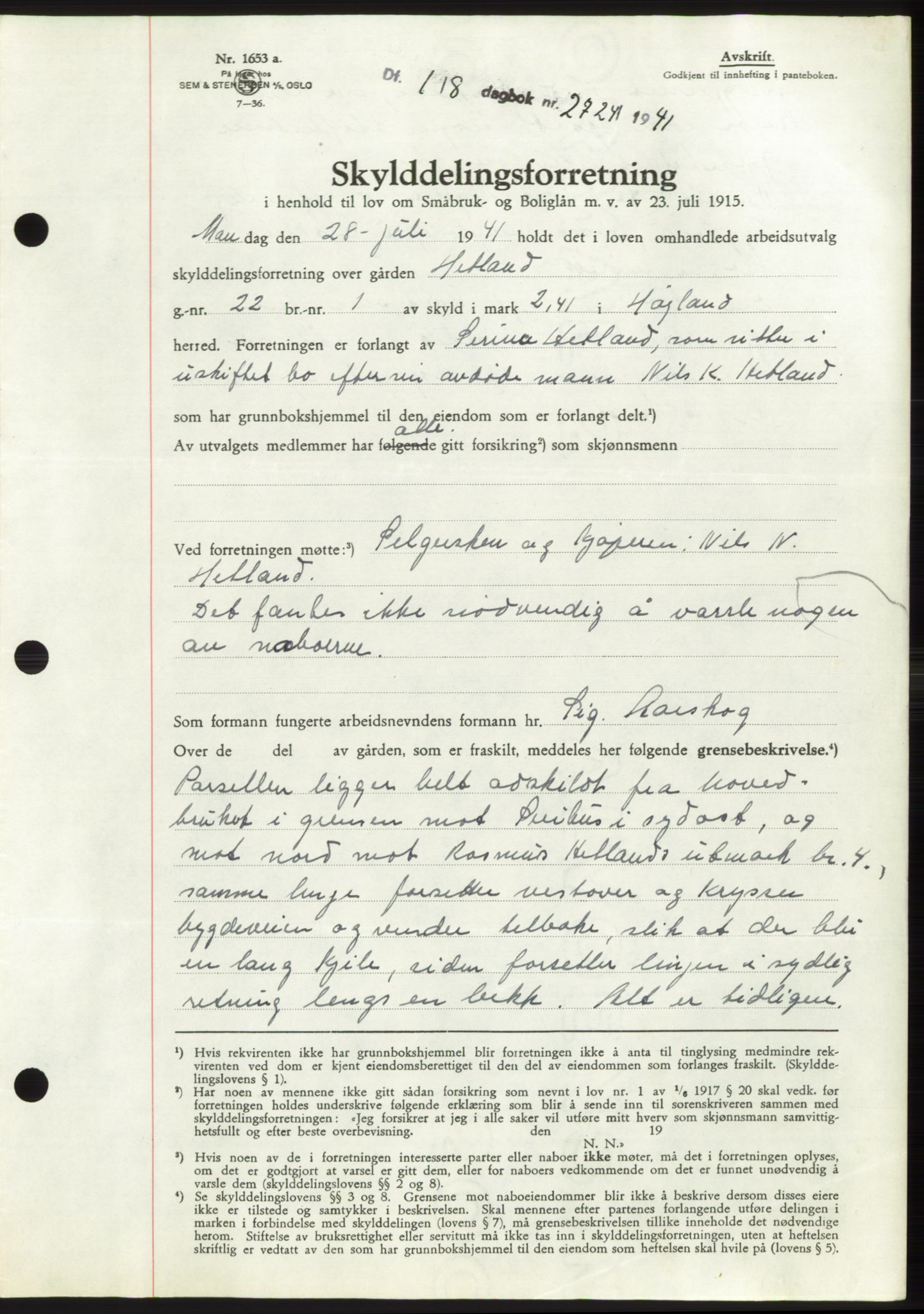 Jæren sorenskriveri, SAST/A-100310/03/G/Gba/L0080: Pantebok, 1941-1941, Dagboknr: 2724/1941