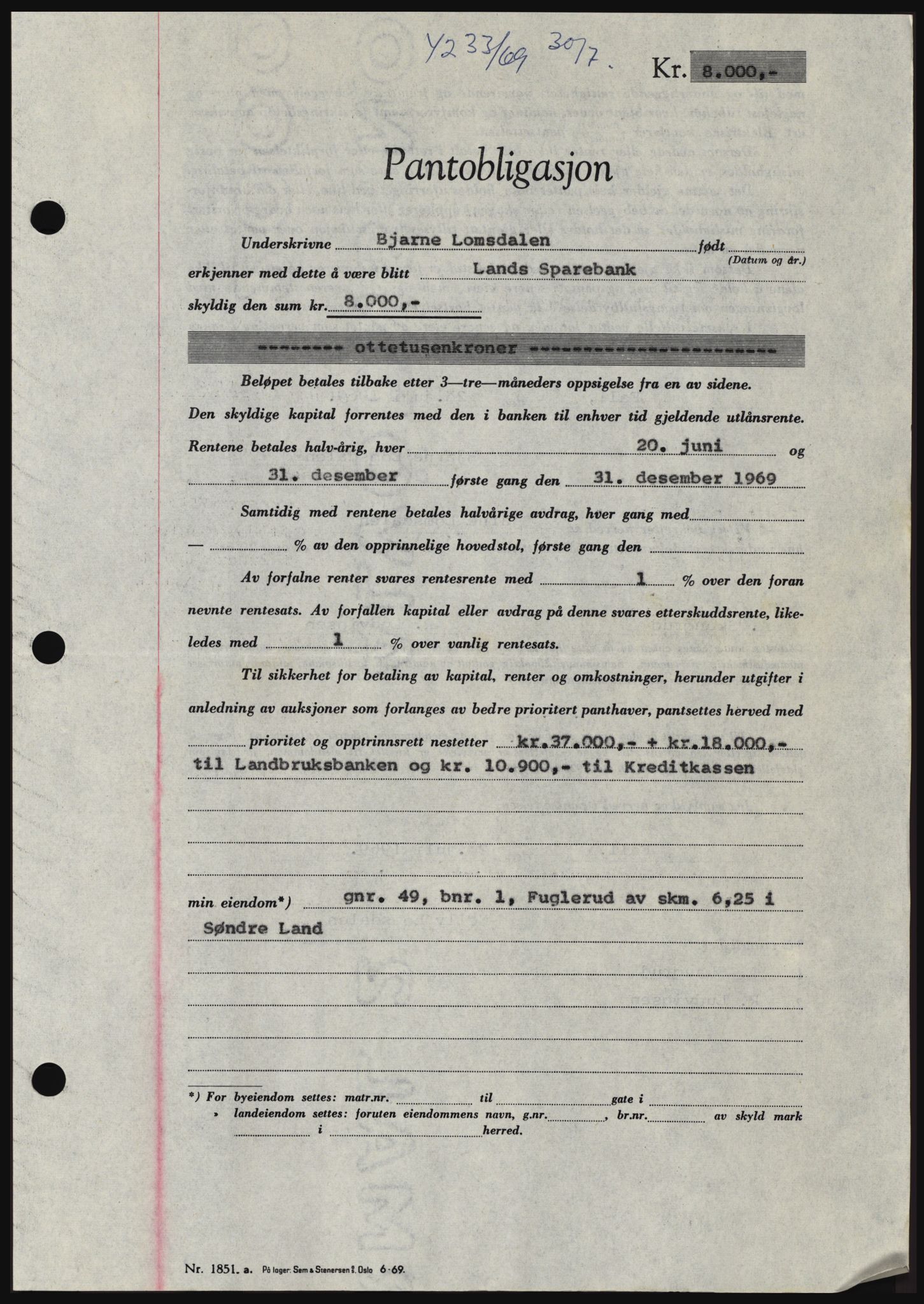 Hadeland og Land tingrett, SAH/TING-010/H/Hb/Hbc/L0074: Pantebok nr. B74, 1969-1969, Dagboknr: 4233/1969