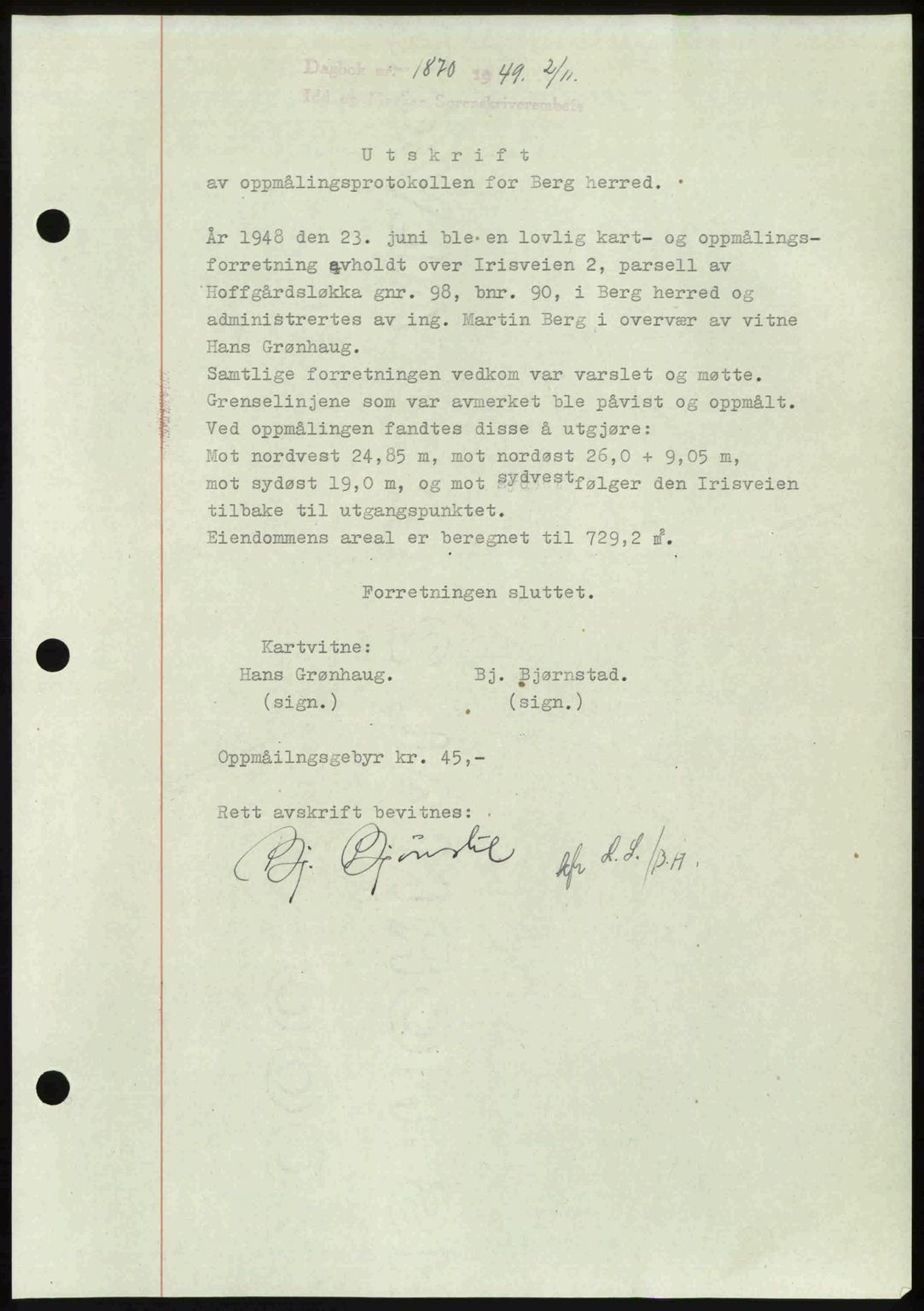 Idd og Marker sorenskriveri, SAO/A-10283/G/Gb/Gbb/L0013: Pantebok nr. A13, 1949-1950, Dagboknr: 1870/1949
