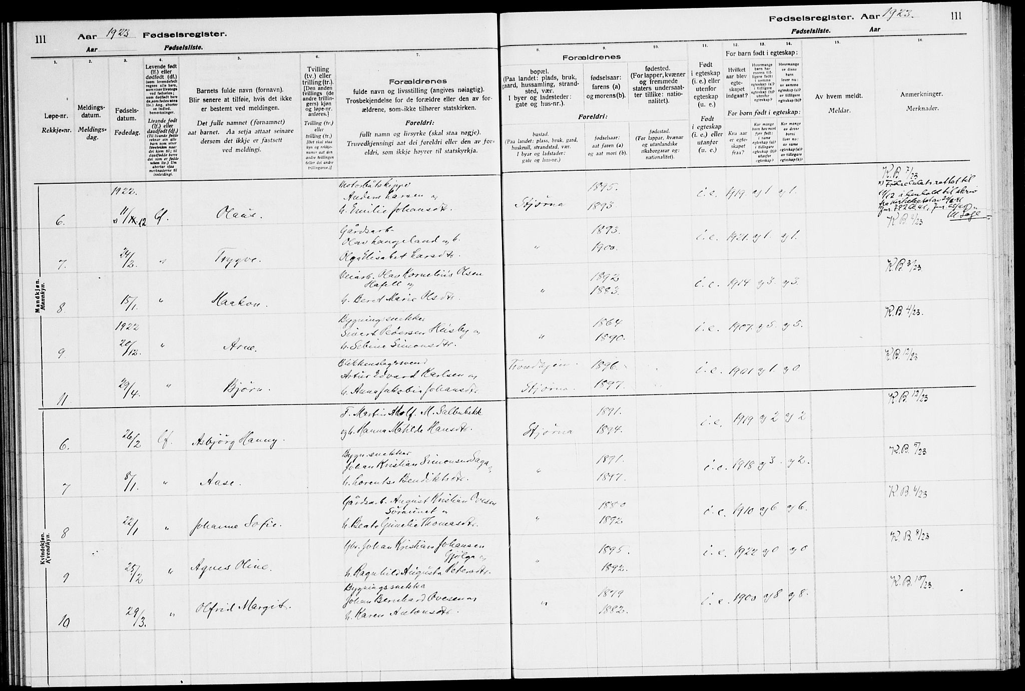 Ministerialprotokoller, klokkerbøker og fødselsregistre - Sør-Trøndelag, AV/SAT-A-1456/651/L0650: Fødselsregister nr. 651.II.4.1, 1916-1923, s. 111