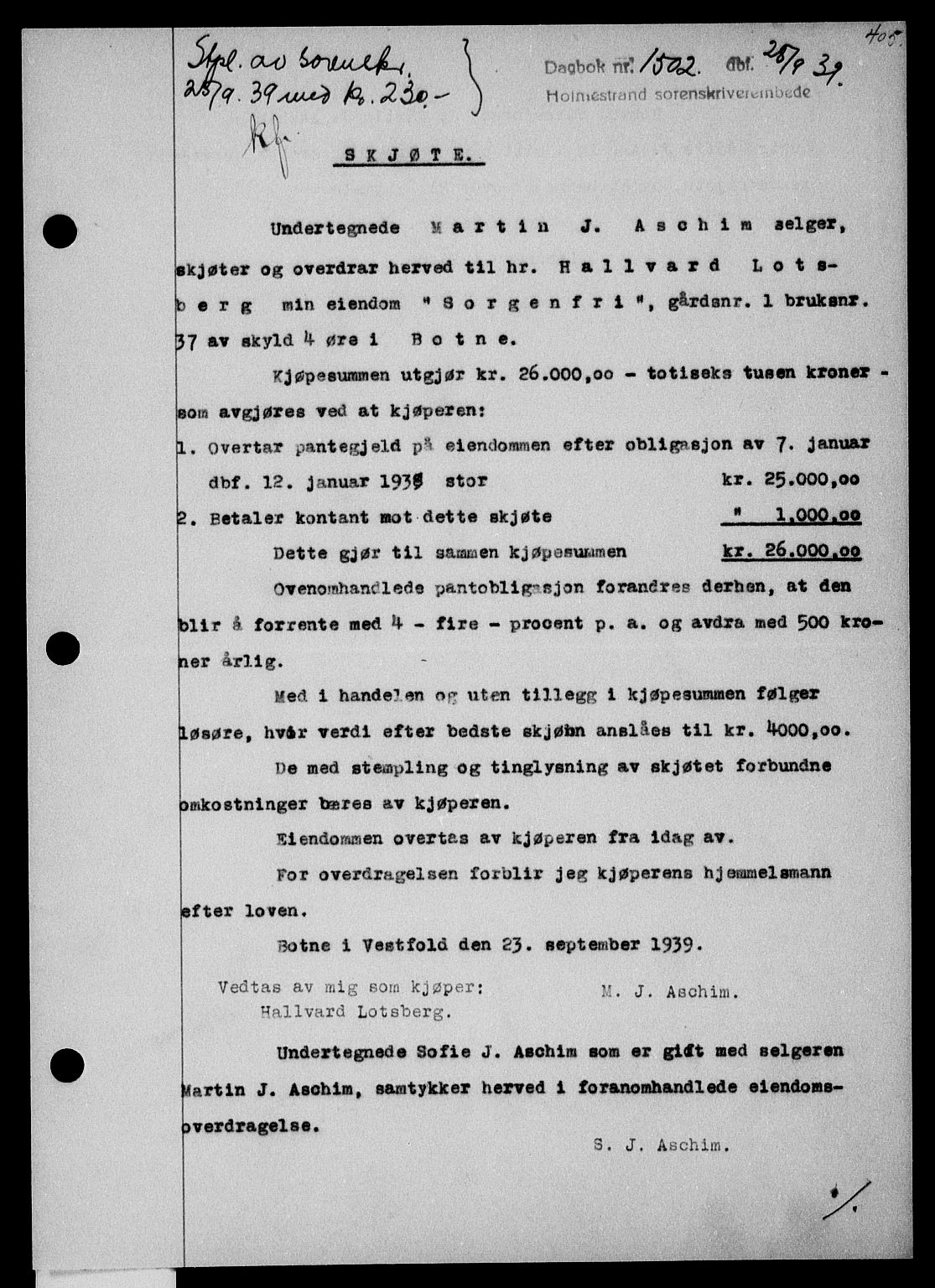 Holmestrand sorenskriveri, SAKO/A-67/G/Ga/Gaa/L0051: Pantebok nr. A-51, 1939-1940, Dagboknr: 1502/1939