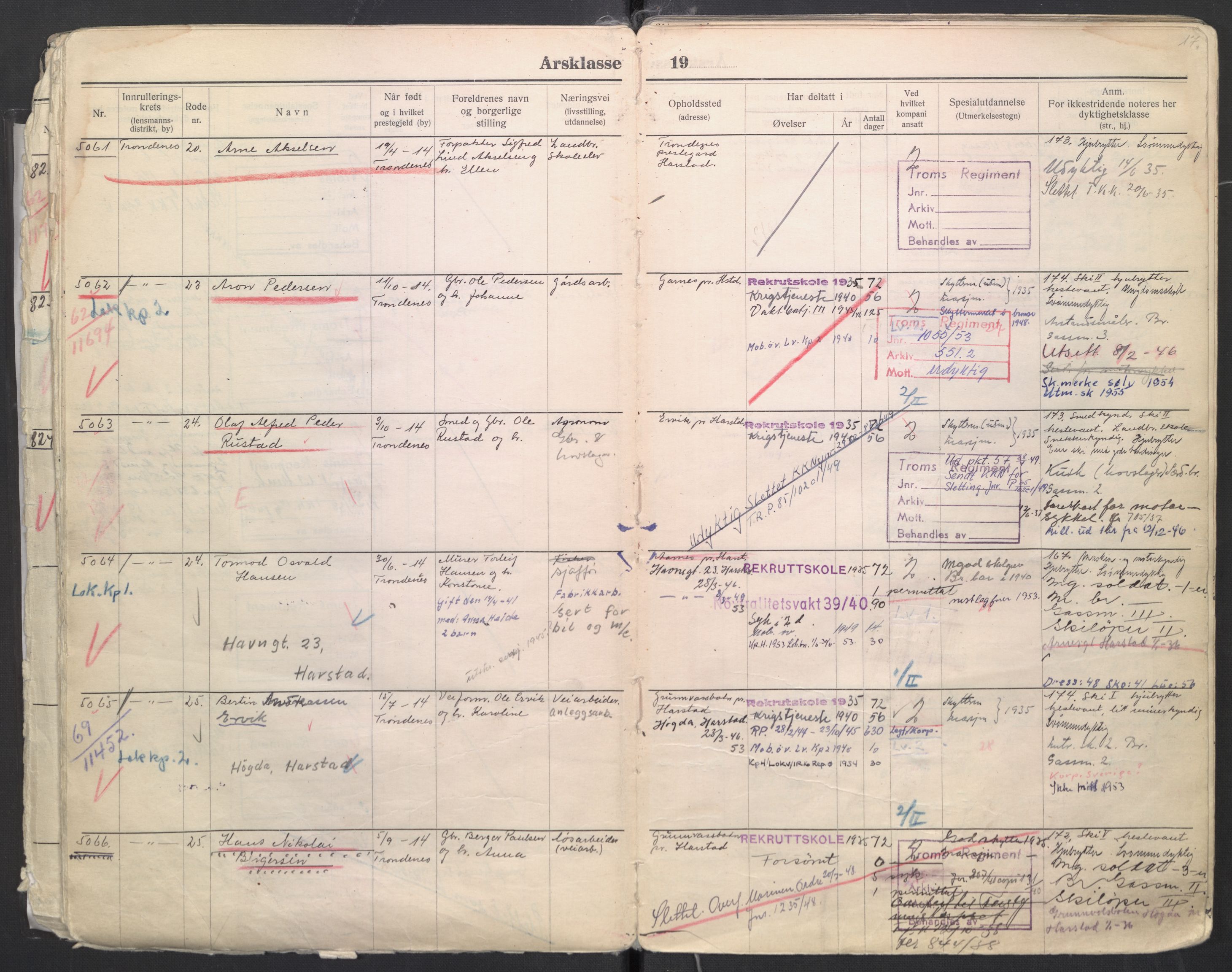 Forsvaret, Troms infanteriregiment nr. 16, AV/RA-RAFA-3146/P/Pa/L0006/0008: Ruller / Rulle for regimentets menige mannskaper, årsklasse 1935, 1935, s. 17