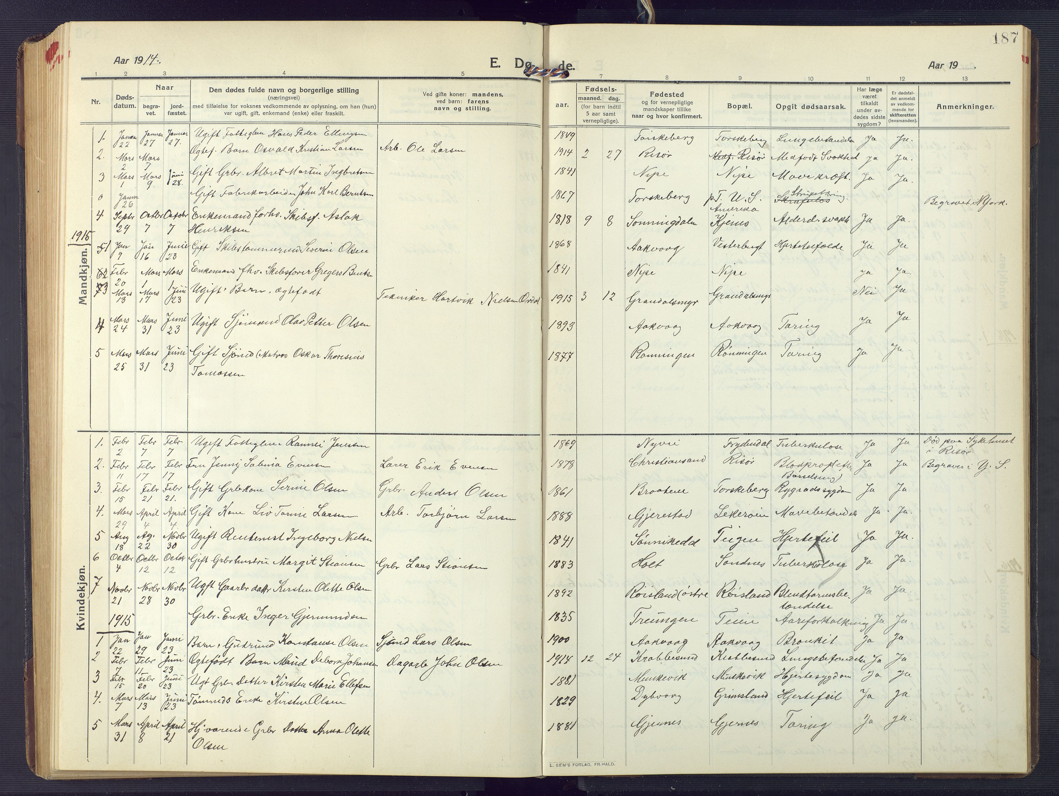 Søndeled sokneprestkontor, AV/SAK-1111-0038/F/Fb/L0006: Klokkerbok nr. B 7, 1912-1947, s. 187