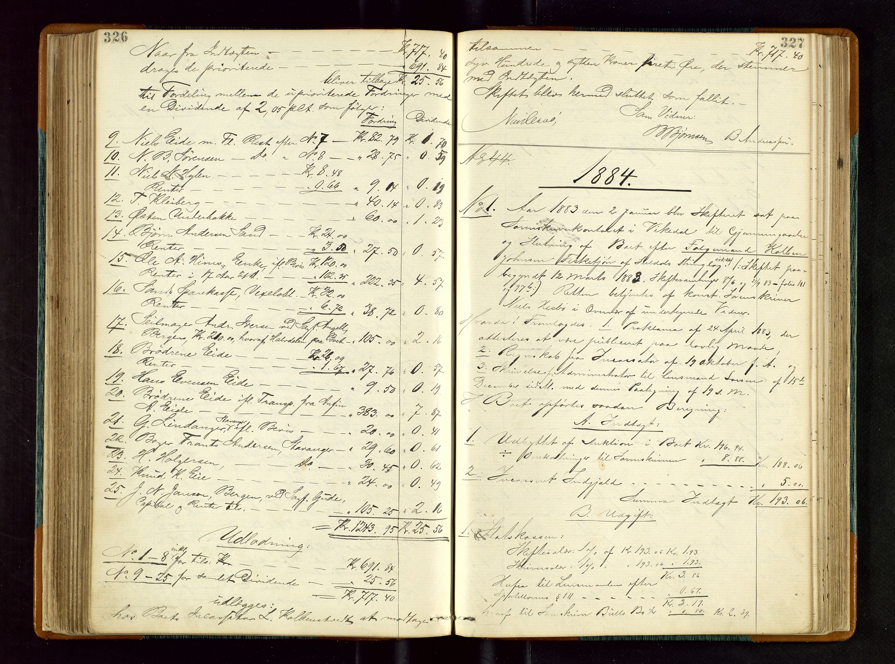 Ryfylke tingrett, SAST/A-100055/001/IV/IVD/L0027: Skifteprotokoll, register i protokollen, 1881-1885, s. 326-327