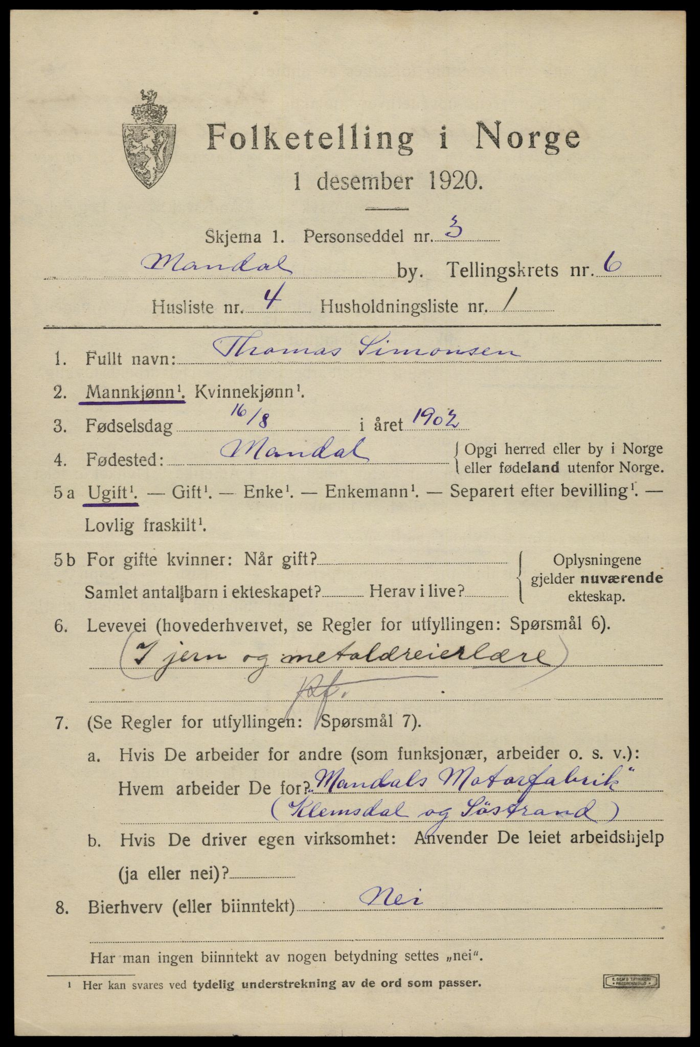 SAK, Folketelling 1920 for 1002 Mandal ladested, 1920, s. 9147