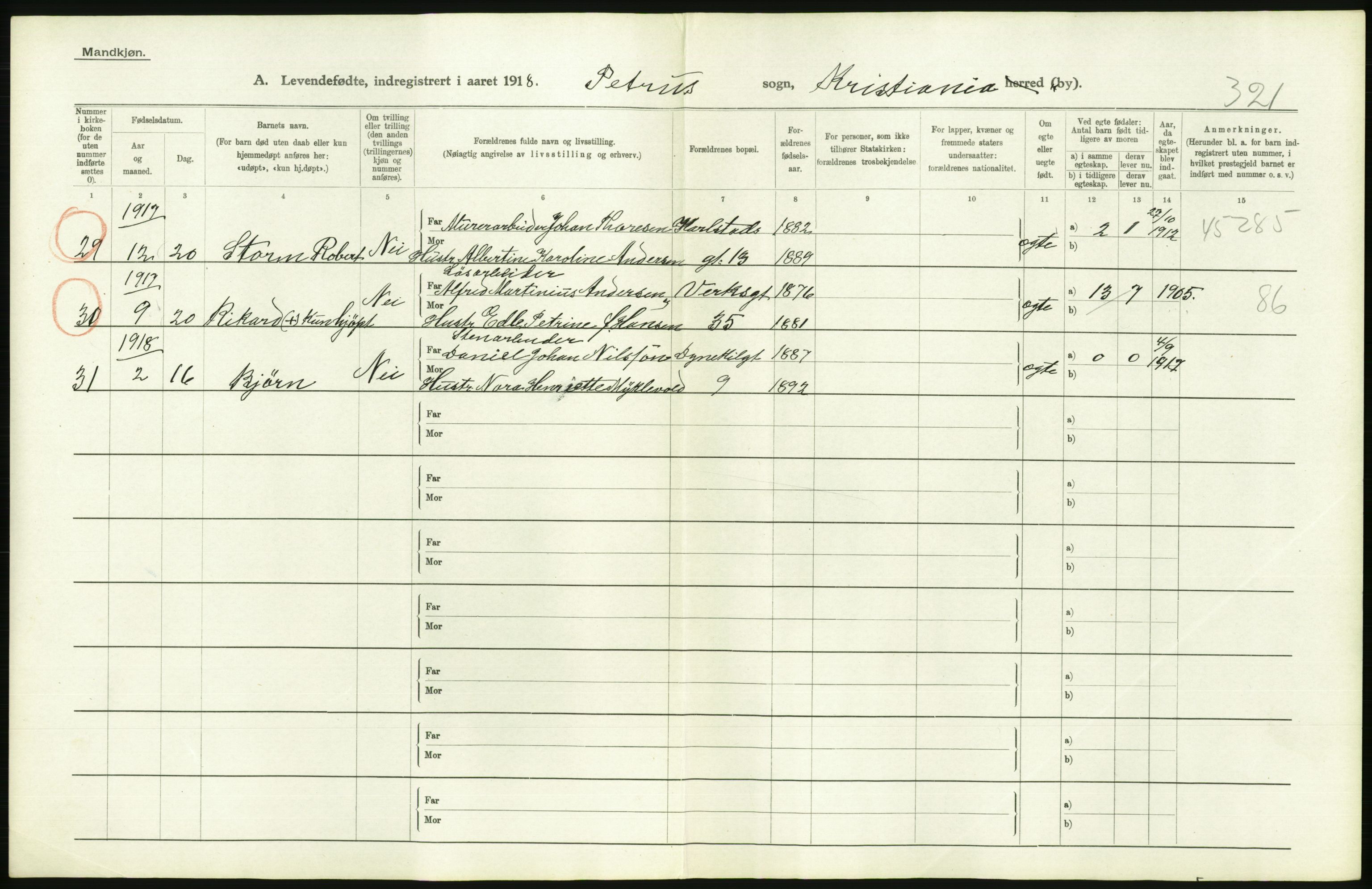 Statistisk sentralbyrå, Sosiodemografiske emner, Befolkning, AV/RA-S-2228/D/Df/Dfb/Dfbh/L0008: Kristiania: Levendefødte menn og kvinner., 1918, s. 590