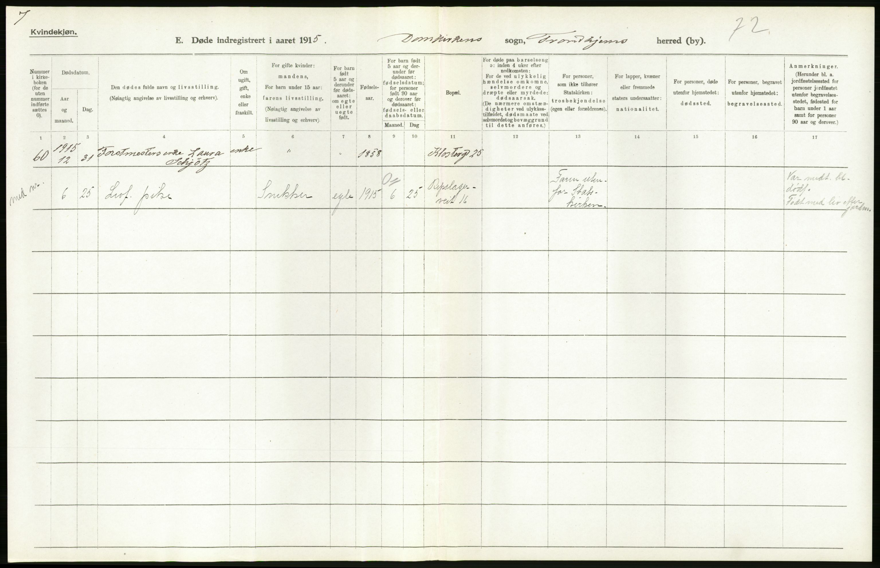 Statistisk sentralbyrå, Sosiodemografiske emner, Befolkning, AV/RA-S-2228/D/Df/Dfb/Dfbe/L0044: Trondhjem: Gifte, døde, dødfødte., 1915, s. 280