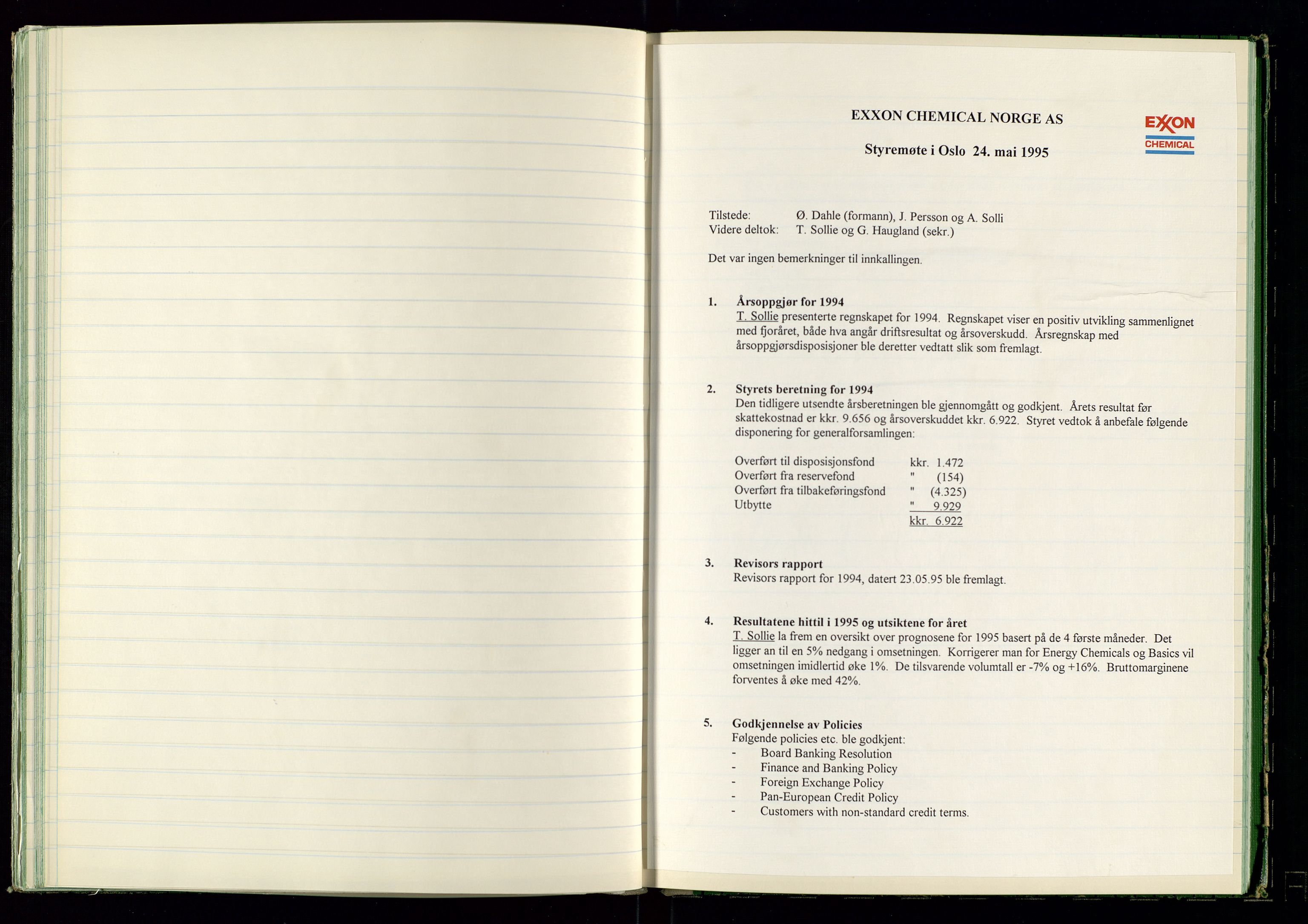 PA 1538 - Exxon Chemical Norge A/S, SAST/A-101958/A/Aa/L0001/0001: Generalforsamlinger og styreprotokoller / Styreprotokoll, 1966-1996