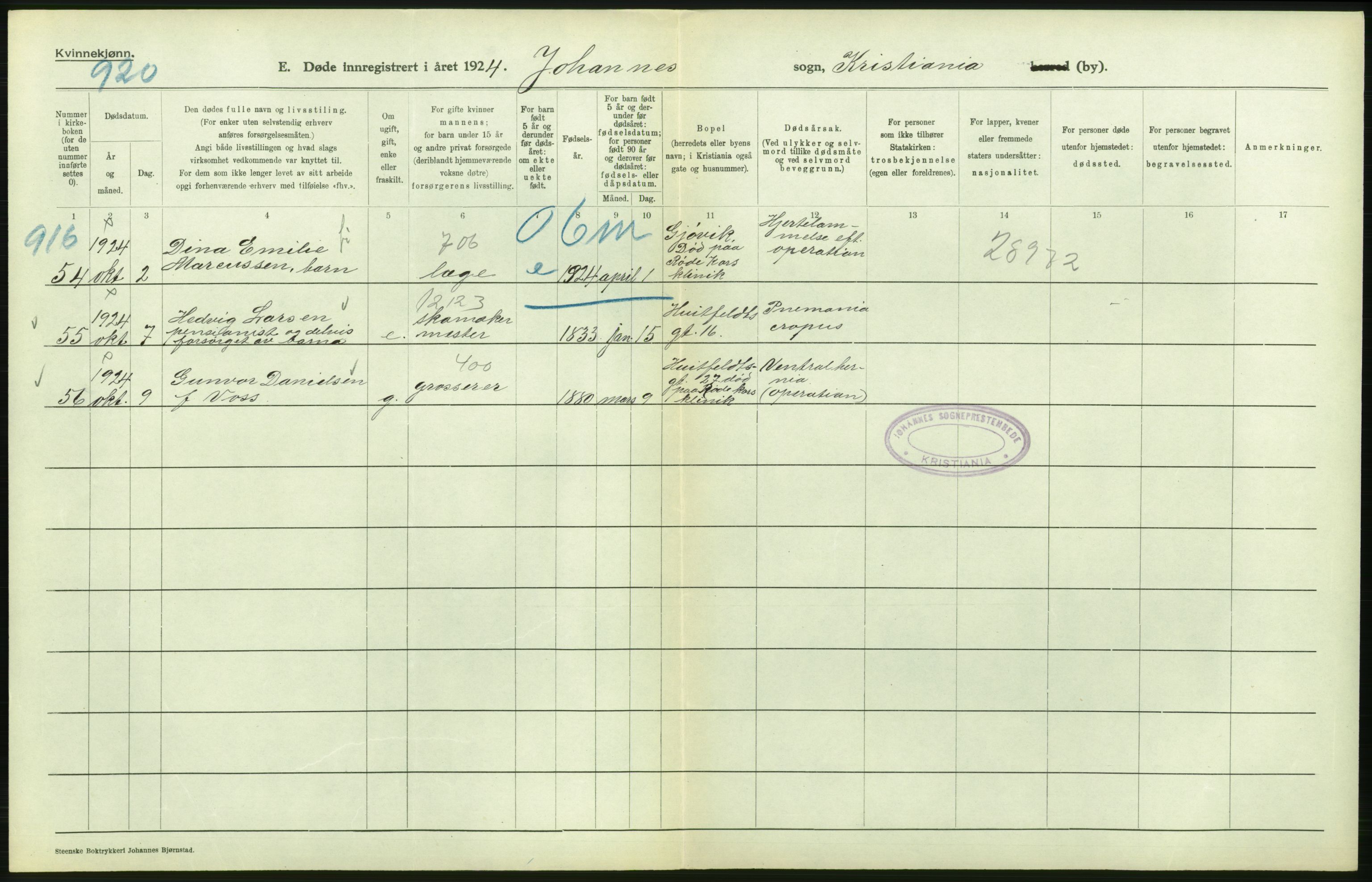 Statistisk sentralbyrå, Sosiodemografiske emner, Befolkning, AV/RA-S-2228/D/Df/Dfc/Dfcd/L0009: Kristiania: Døde kvinner, dødfødte, 1924, s. 96