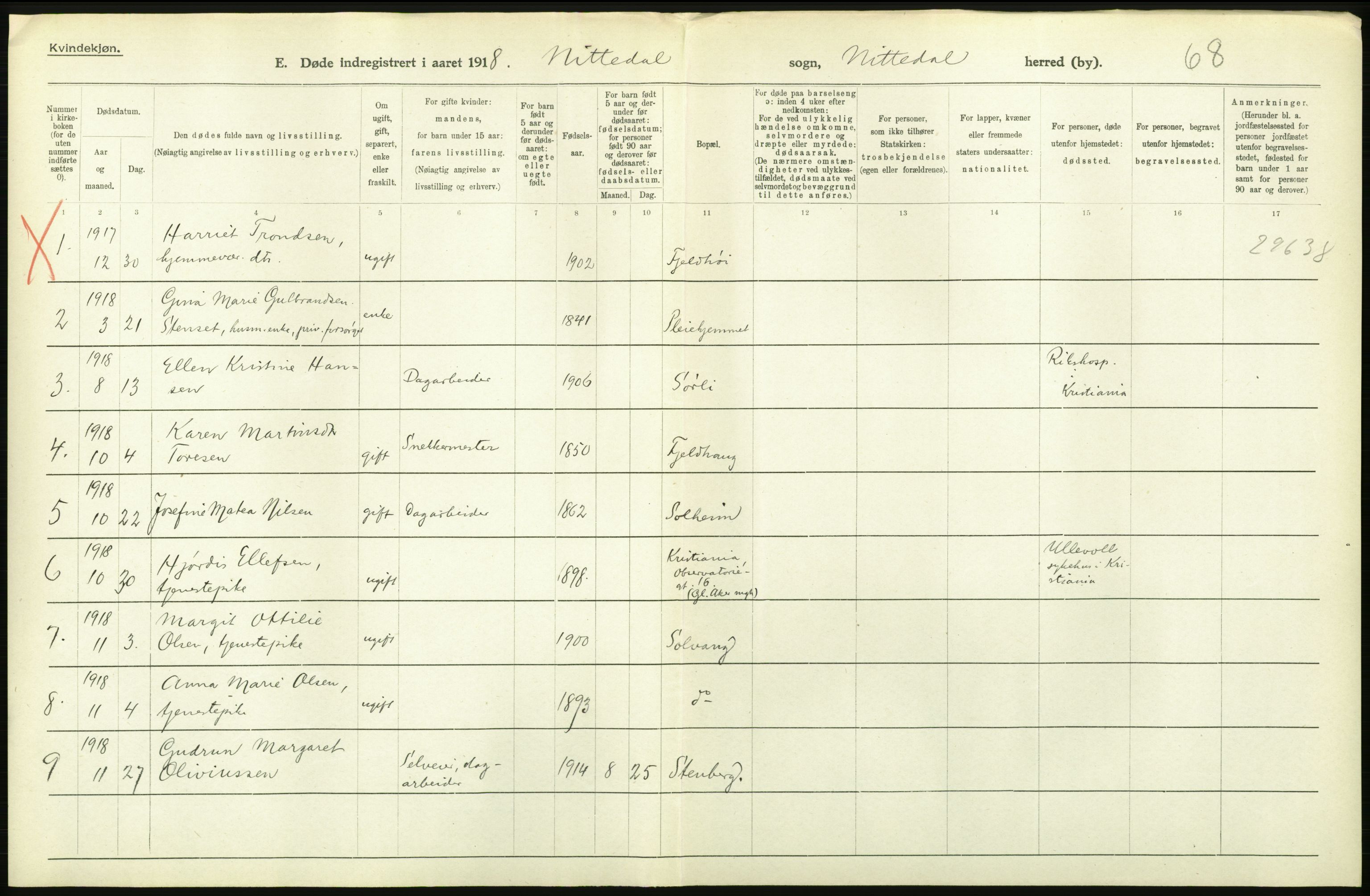 Statistisk sentralbyrå, Sosiodemografiske emner, Befolkning, RA/S-2228/D/Df/Dfb/Dfbh/L0006: Akershus fylke: Døde. Bygder og byer., 1918, s. 586