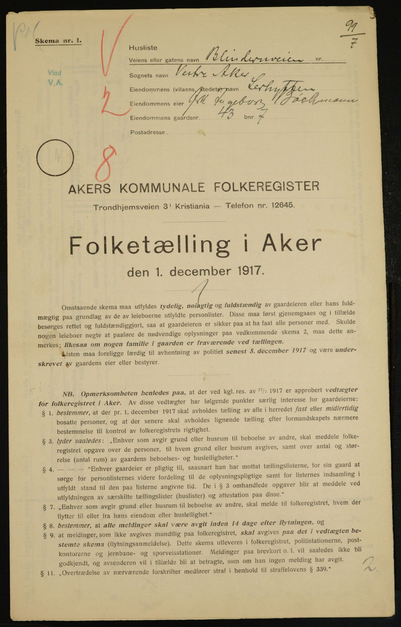 OBA, Kommunal folketelling 1.12.1917 for Aker, 1917, s. 10388