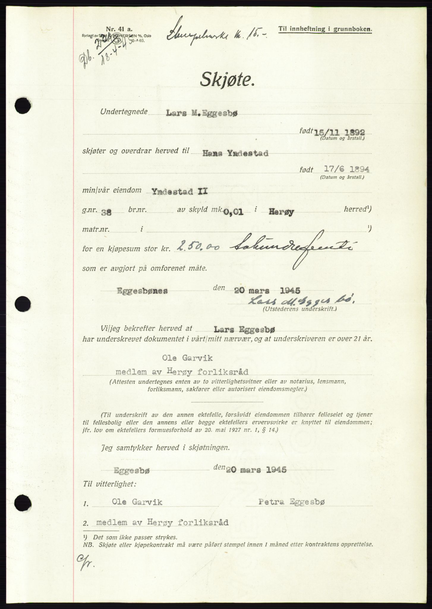 Søre Sunnmøre sorenskriveri, AV/SAT-A-4122/1/2/2C/L0077: Pantebok nr. 3A, 1945-1946, Dagboknr: 230/1945