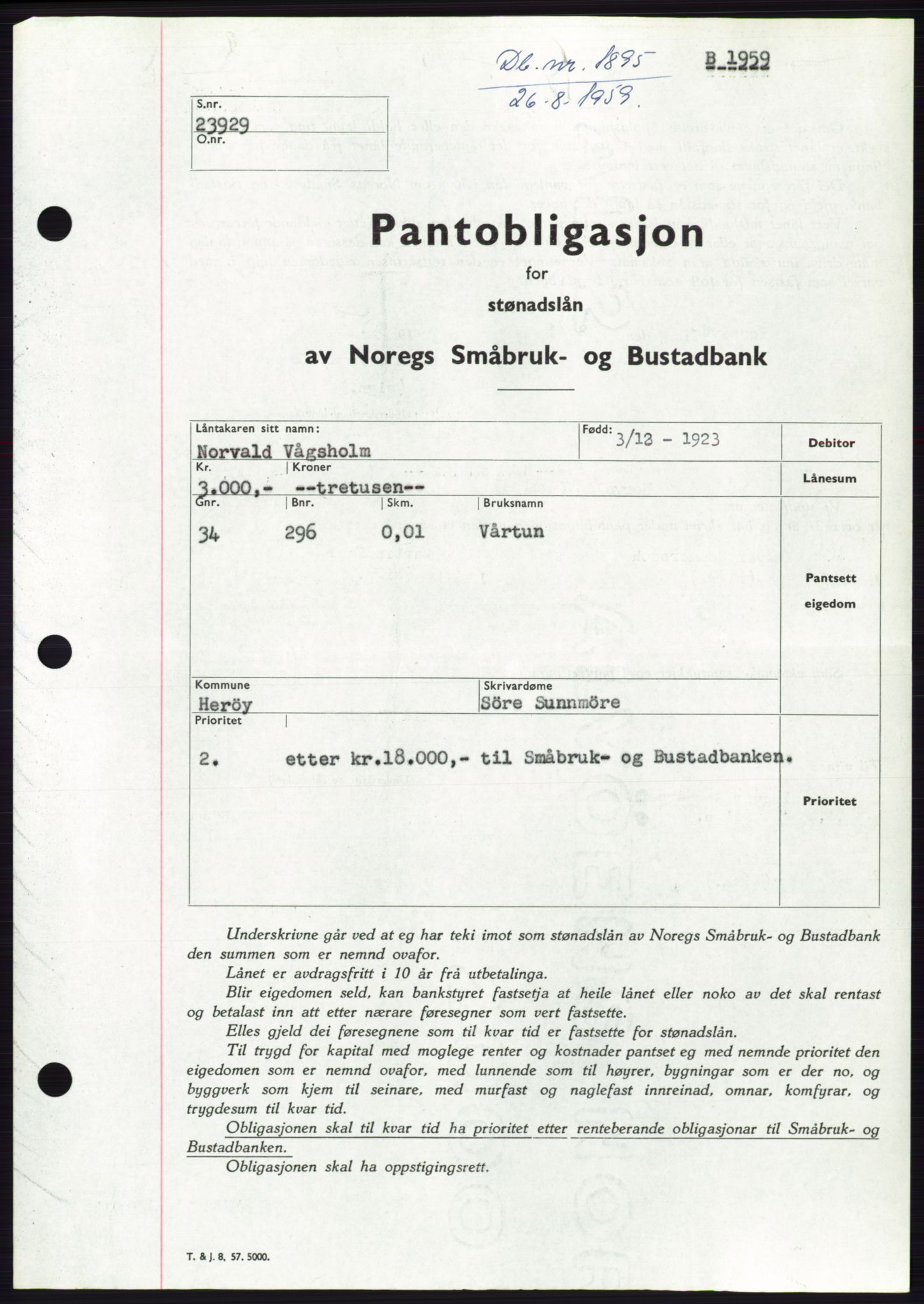 Søre Sunnmøre sorenskriveri, SAT/A-4122/1/2/2C/L0133: Pantebok nr. 21B, 1959-1959, Dagboknr: 1895/1959