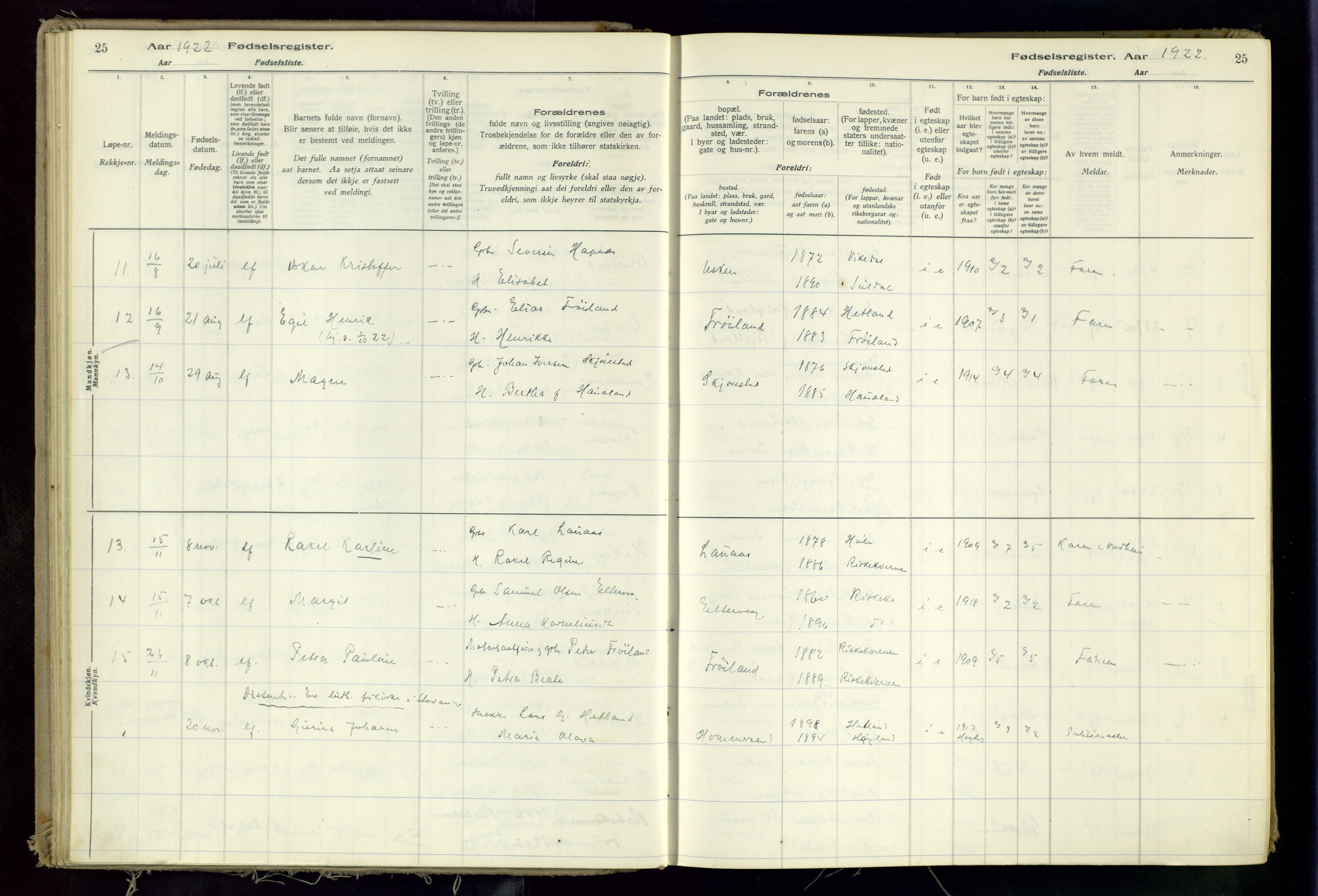 Hetland sokneprestkontor, AV/SAST-A-101826/70/704BA/L0002: Fødselsregister nr. 2, 1916-1968, s. 25
