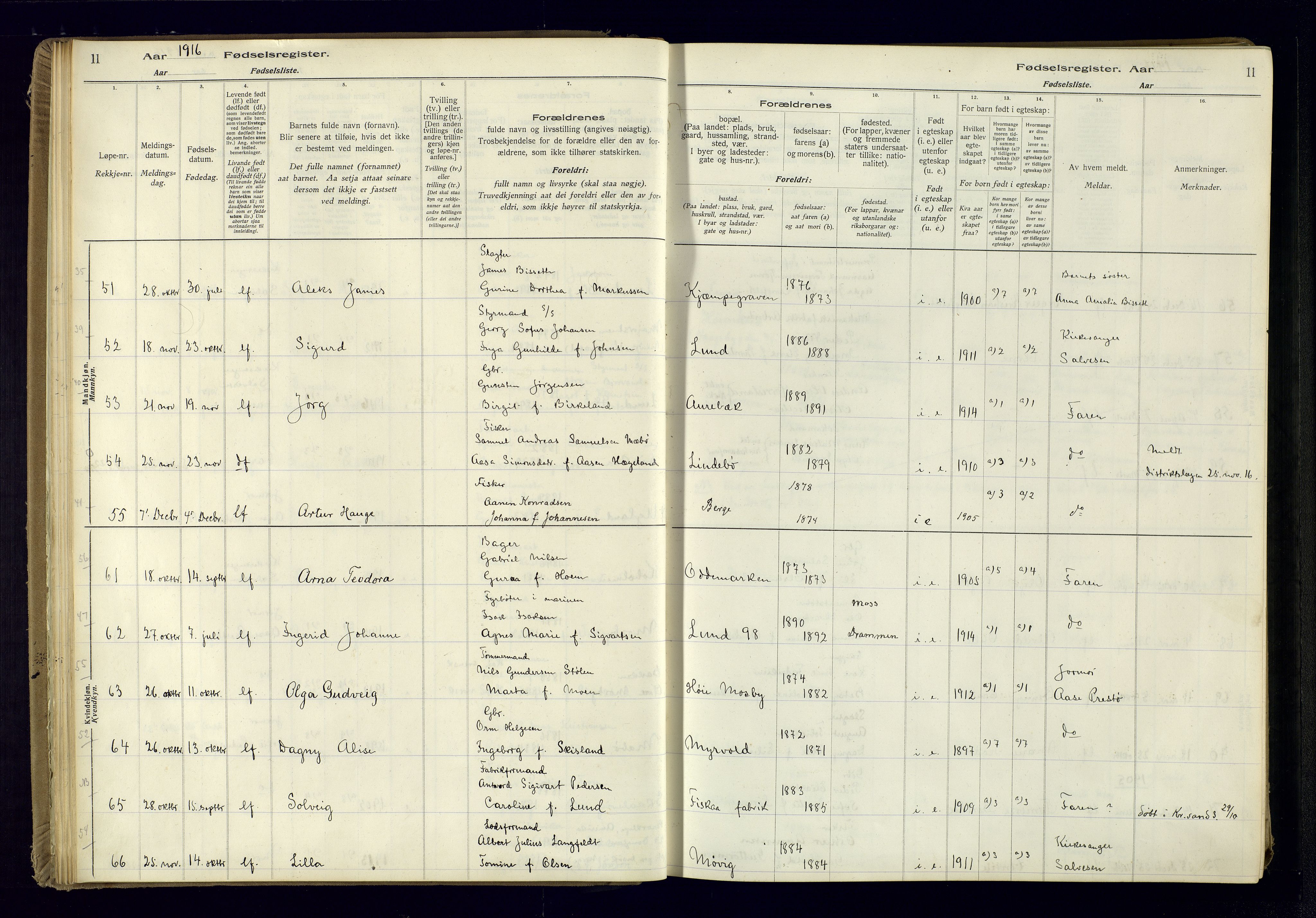 Oddernes sokneprestkontor, AV/SAK-1111-0033/J/Ja/L0001: Fødselsregister nr. 1, 1916-1935, s. 11