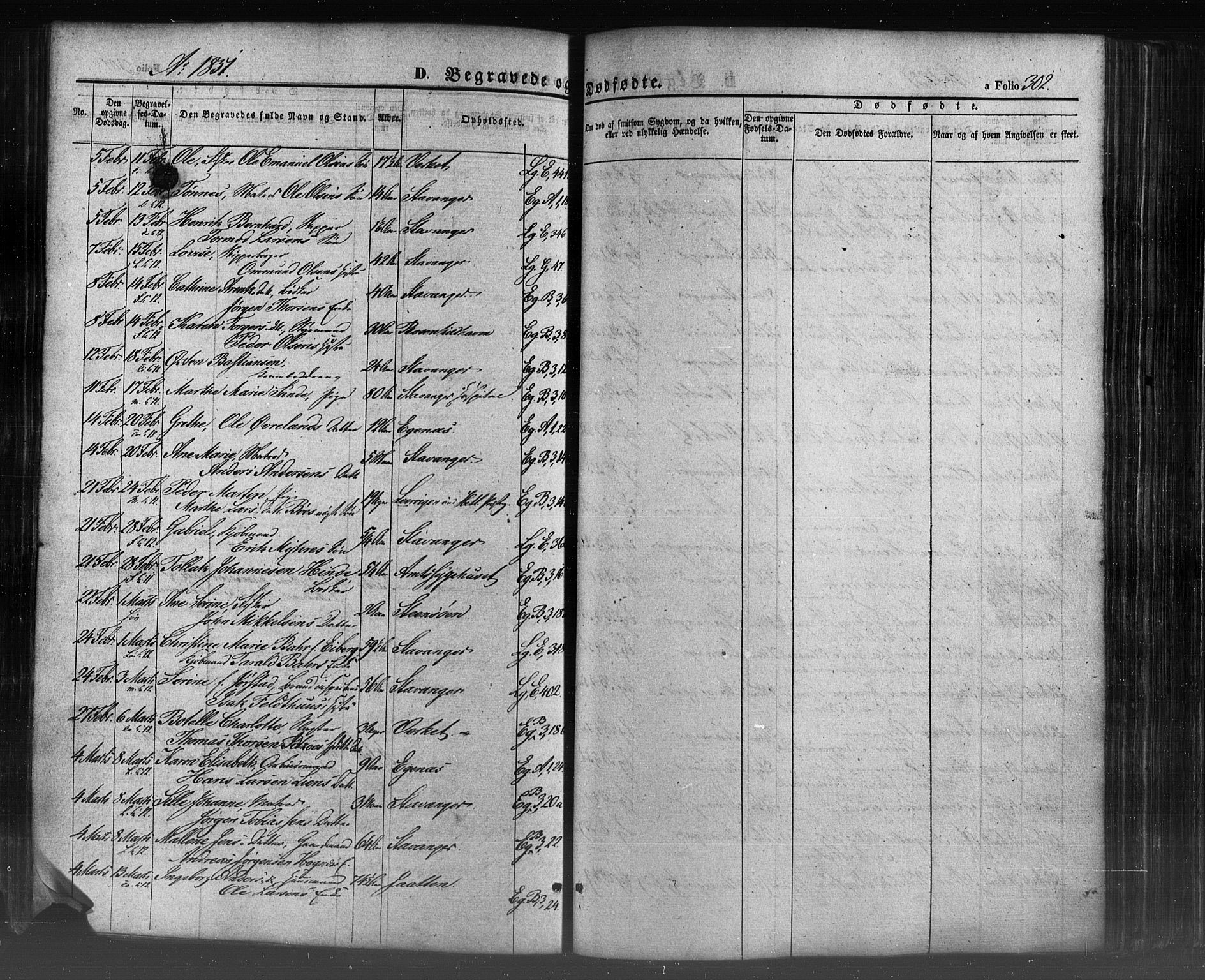 Domkirken sokneprestkontor, AV/SAST-A-101812/001/30/30BB/L0009: Klokkerbok nr. B 9, 1850-1858, s. 302